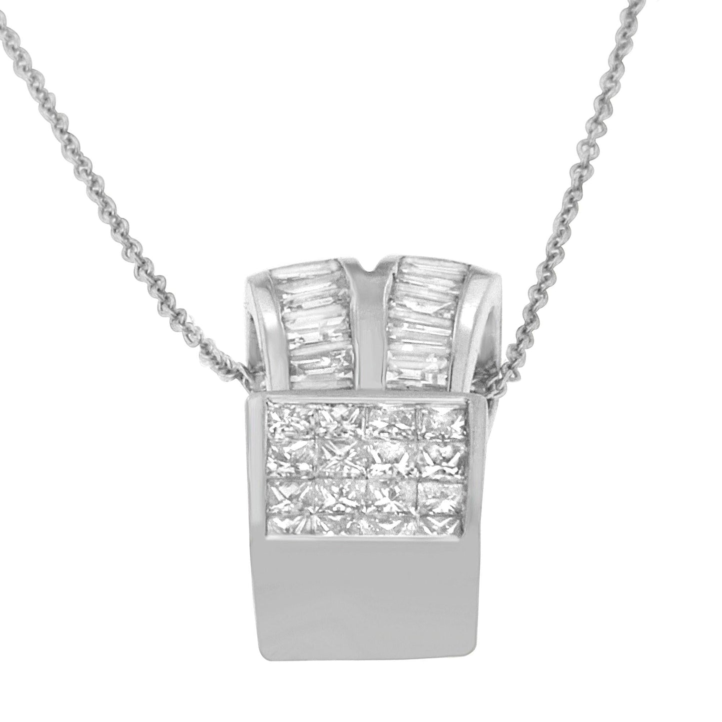 14K White Gold 1 5/8 cttw Princess and Baguette Cut Diamond Heart Ribbon Pendant Necklace (G-H, VS1-VS2)-3