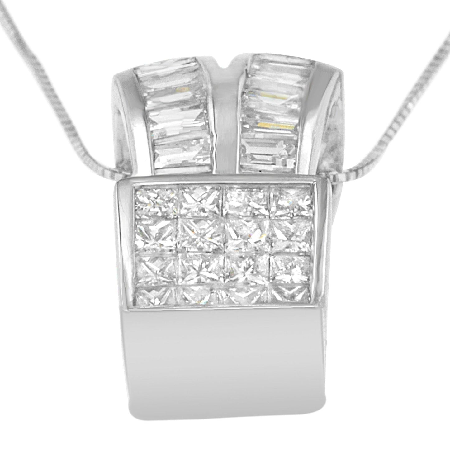 14K White Gold 1 5/8 cttw Princess and Baguette Cut Diamond Heart Ribbon Pendant Necklace (G-H, VS1-VS2)-4
