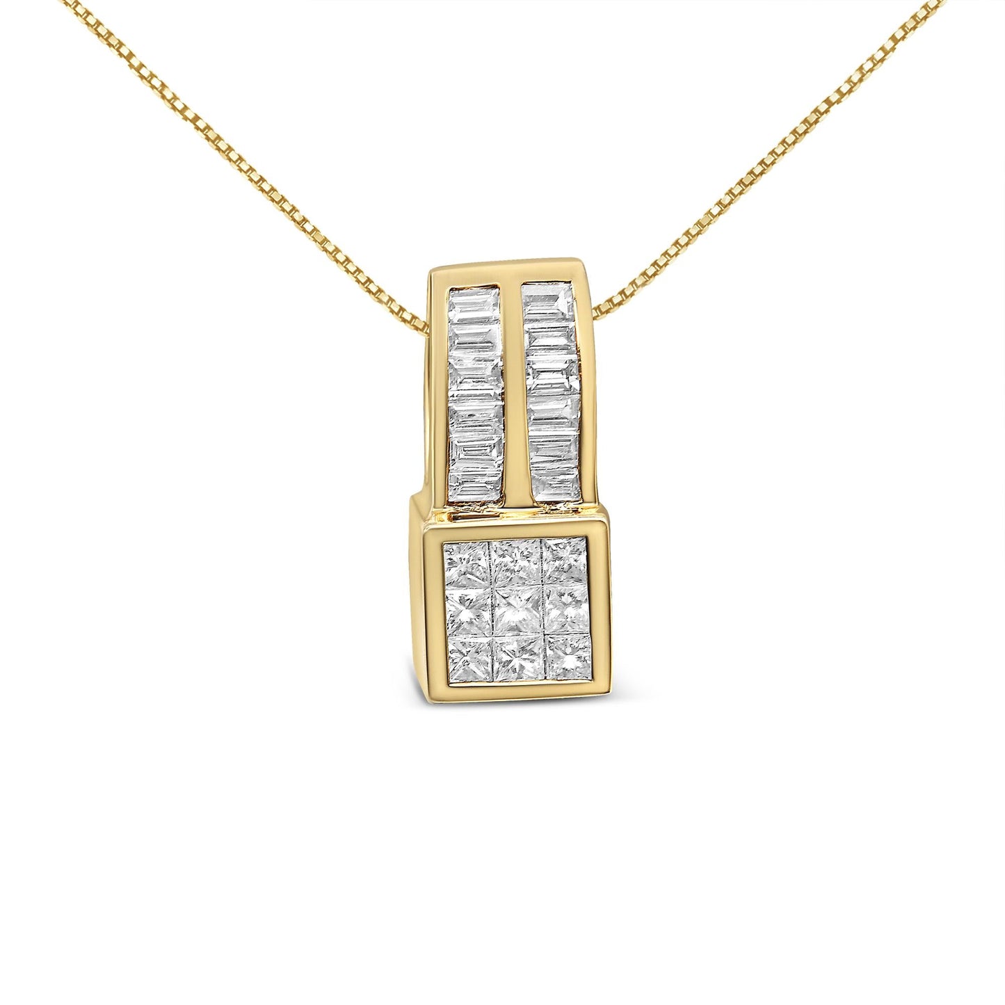 14K Yellow Gold 1 1/4 cttw Princess and Baguette Cut Geometric Inspired Diamond Pendant Necklace (H-I, VS1-VS2)-0