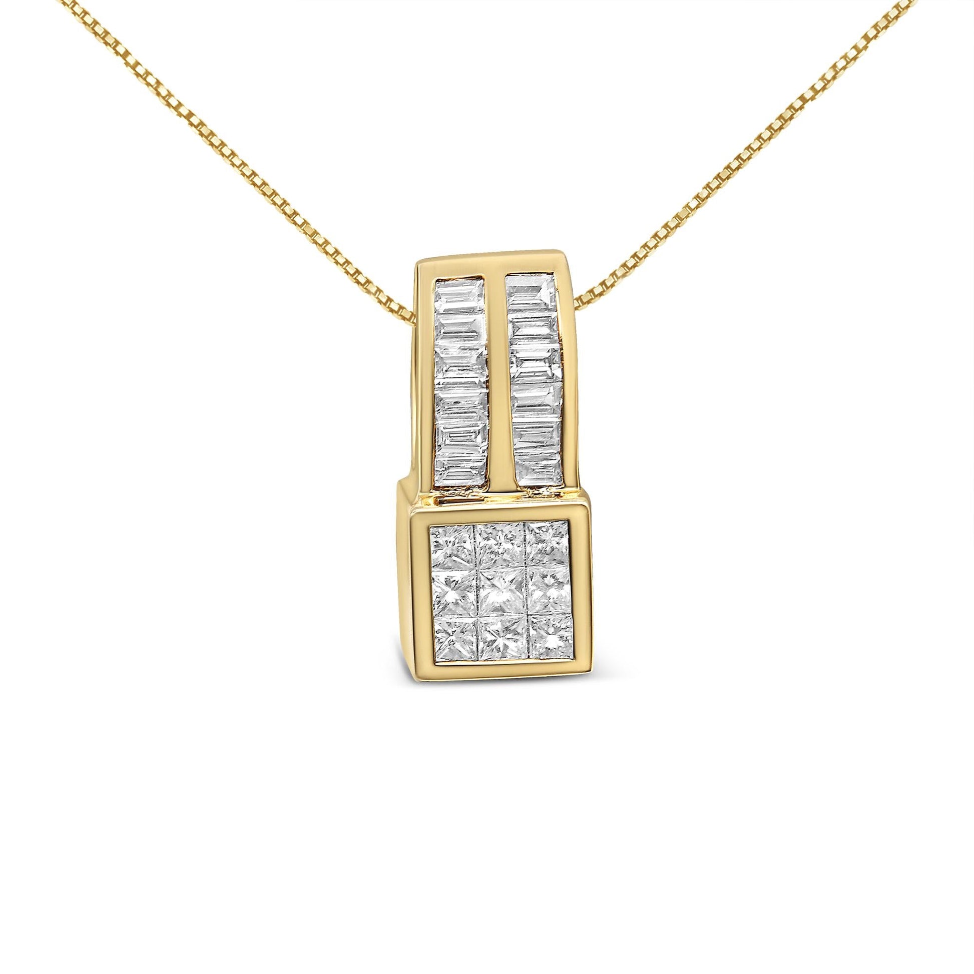 14K Yellow Gold 1 1/4 cttw Princess and Baguette Cut Geometric Inspired Diamond Pendant Necklace (H-I, VS1-VS2)-0