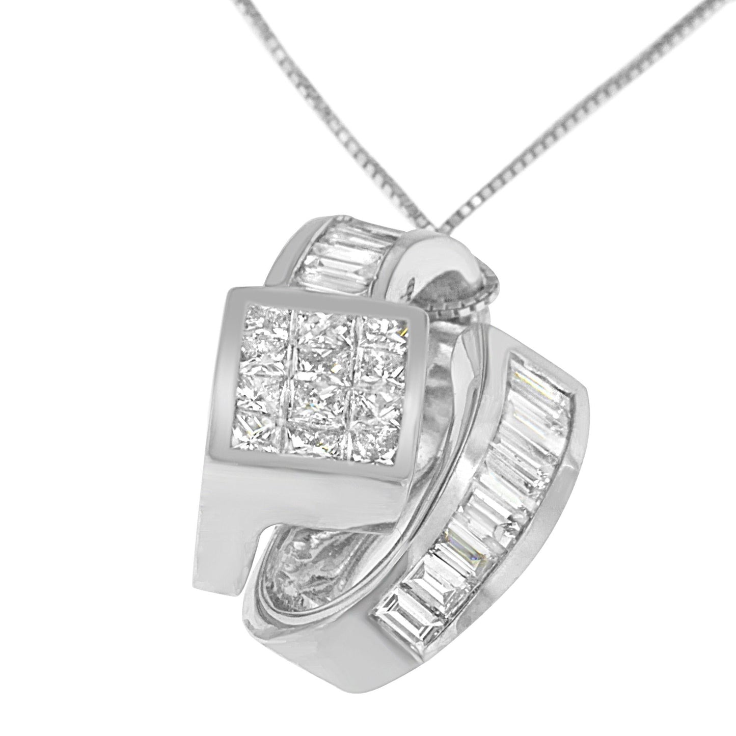 14K White Gold 2 cttw Princess and Baguette Cut Diamond Double Loop Pendant Necklace (G-H, VS1-VS2)-3