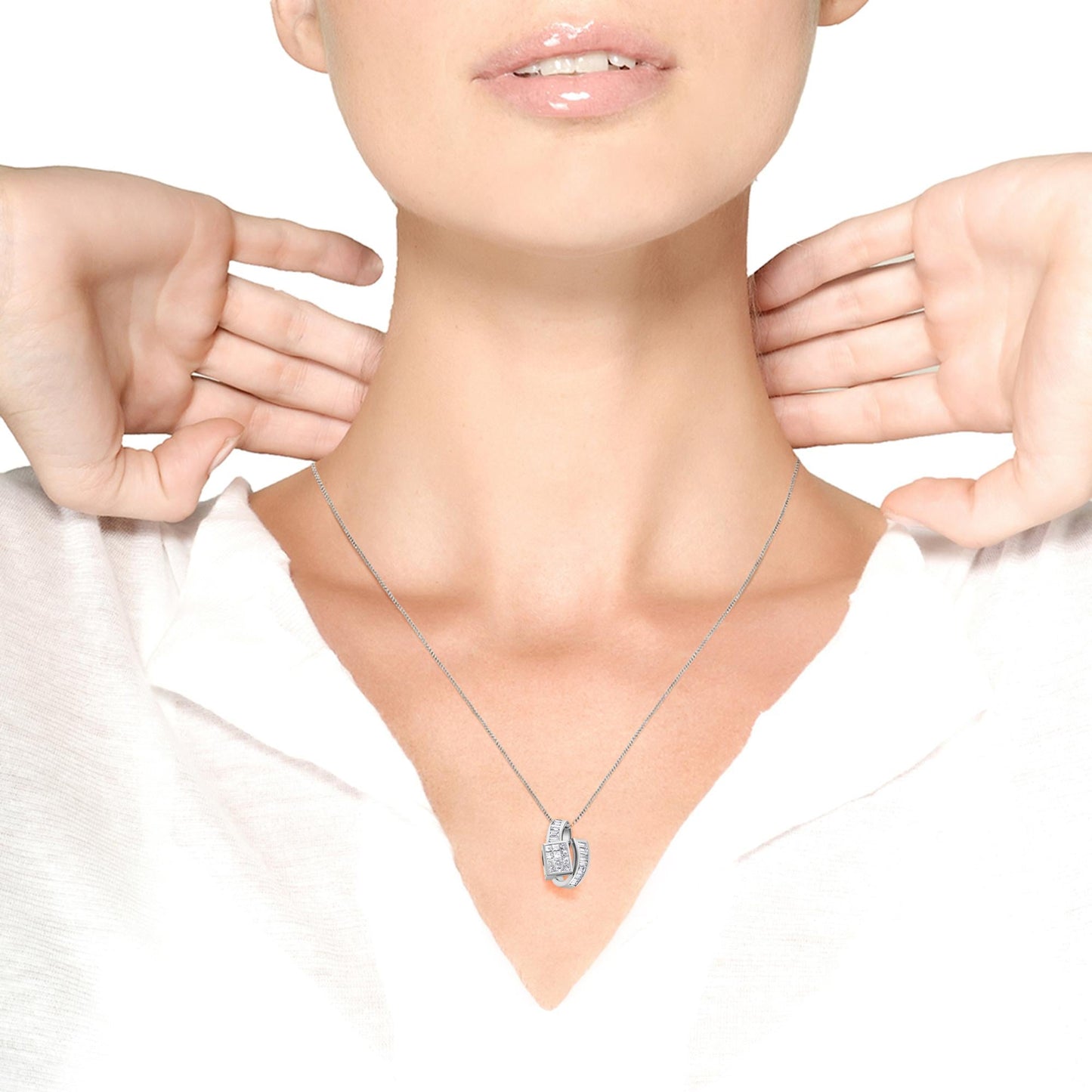 14K White Gold 2 cttw Princess and Baguette Cut Diamond Double Loop Pendant Necklace (G-H, VS1-VS2)-2