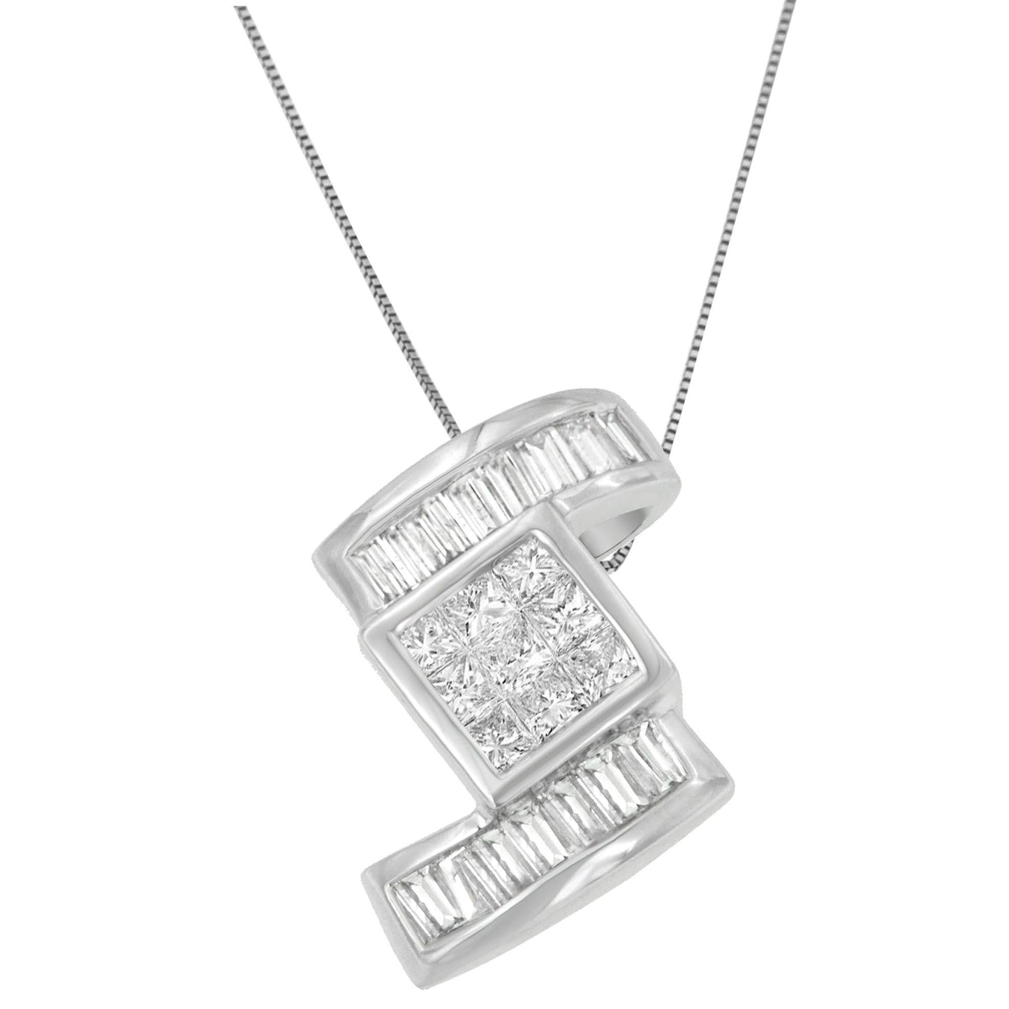 14K White Gold 1 2/5 cttw Princess and Baguette Cut Diamond Zig Zag Pendant Necklace (H-I, SI1-SI2)-0