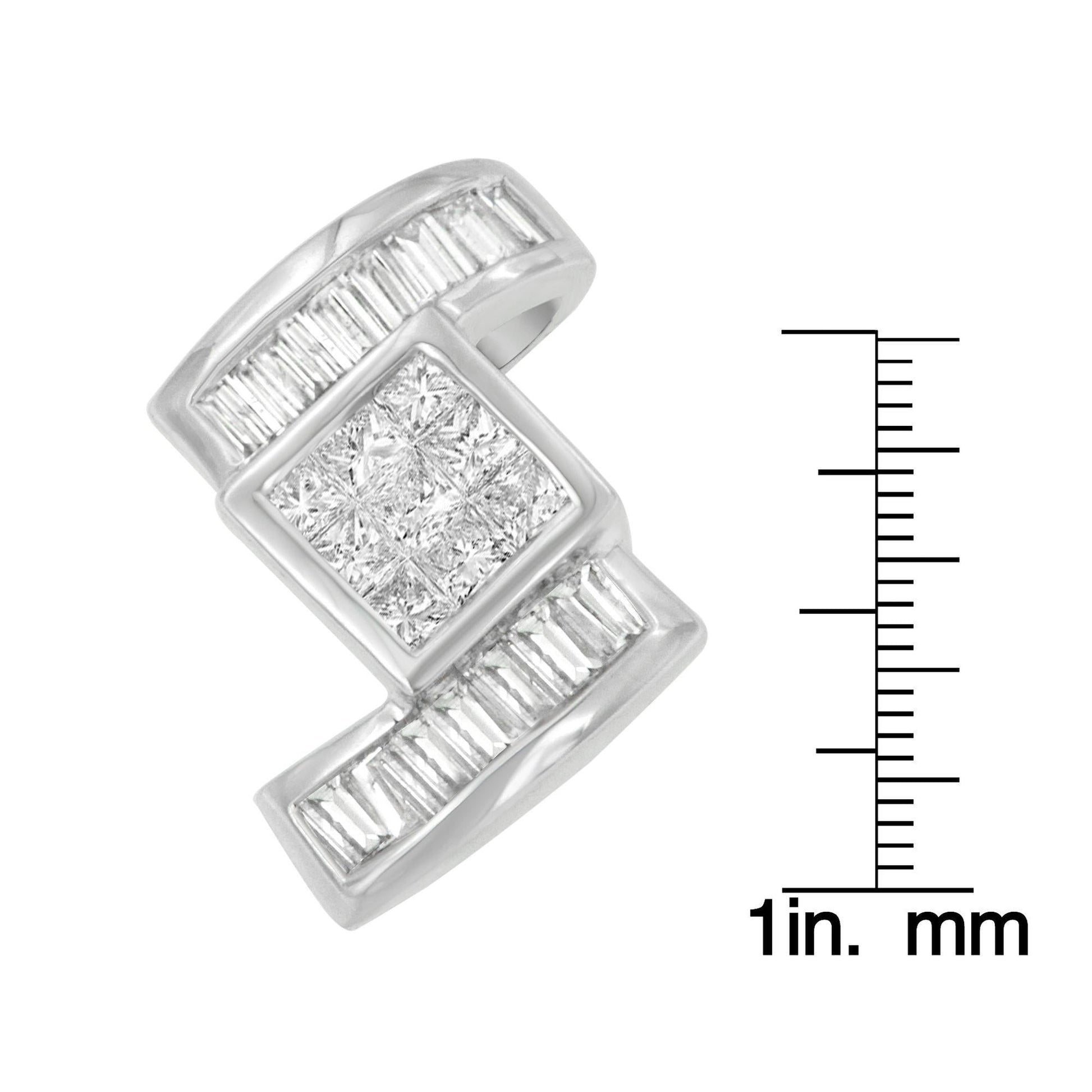 14K White Gold 1 2/5 cttw Princess and Baguette Cut Diamond Zig Zag Pendant Necklace (H-I, SI1-SI2)-3