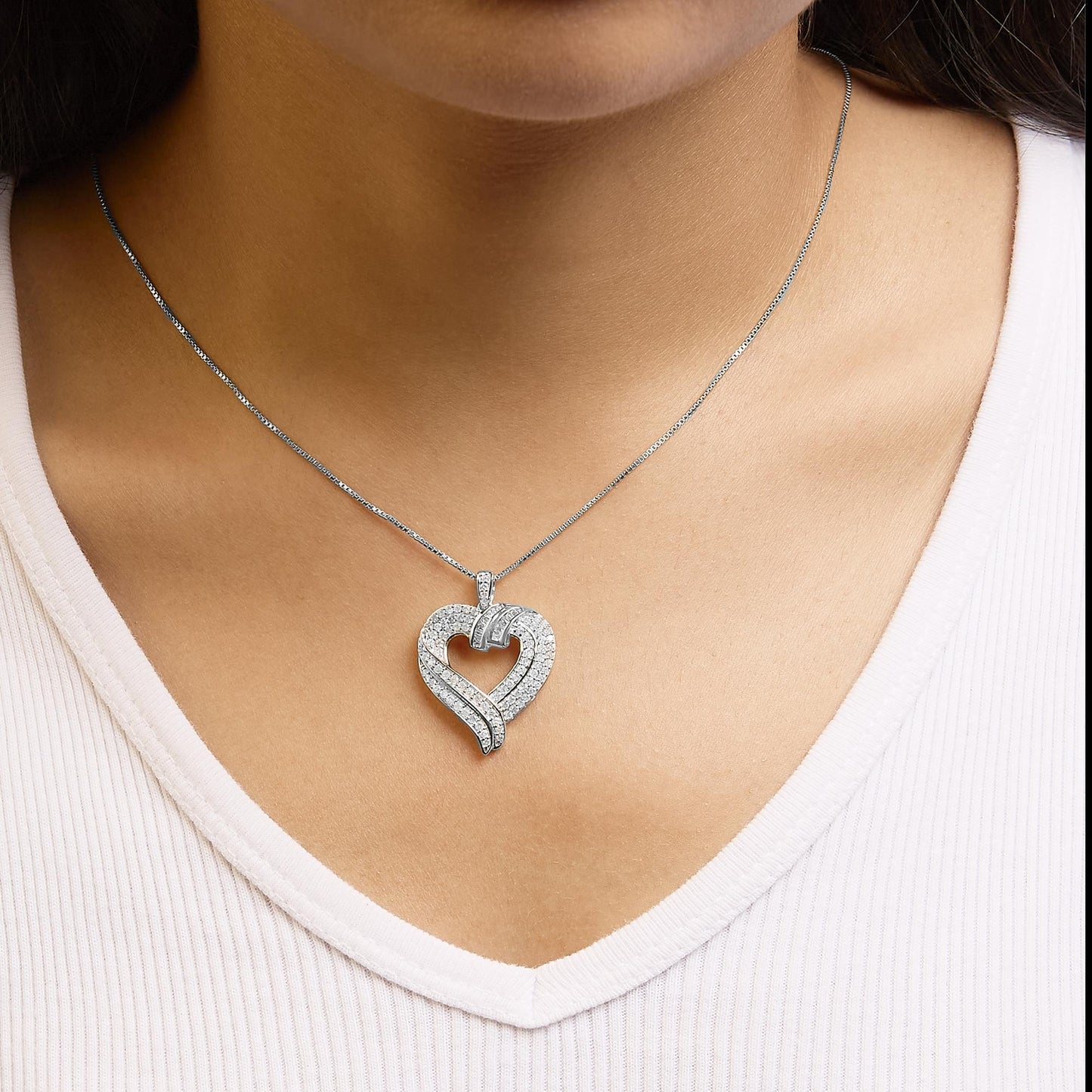 .925 Sterling Silver 1.00 Cttw Baguette Diamond Composite Open Heart 18" Inch Pendant Necklace (I-J Color, I1-I2 Clarity)-4