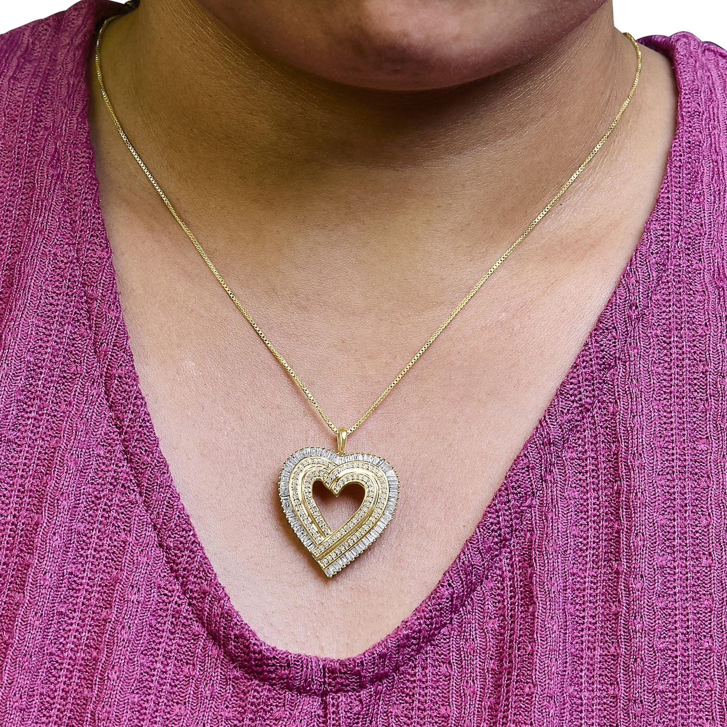 14K Yellow Gold Plated .925 Sterling Silver 1/4 Cttw Round and Baguette-Cut Diamond Composite Heart 18" Pendant Necklace (H-I Color, SI2-I1 Clarity)-2