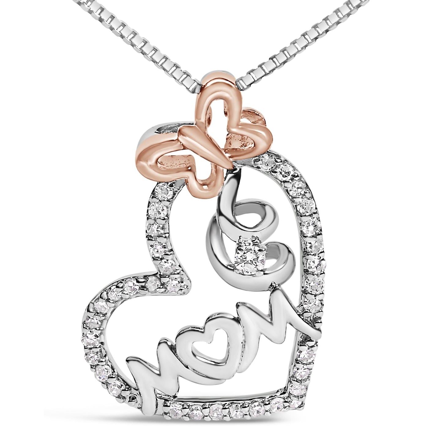 Two Tone .925 Sterling Silver 1/5 cttw Diamond "Mom" and Heart Pendant Necklace (H-I, I1-I2)-1