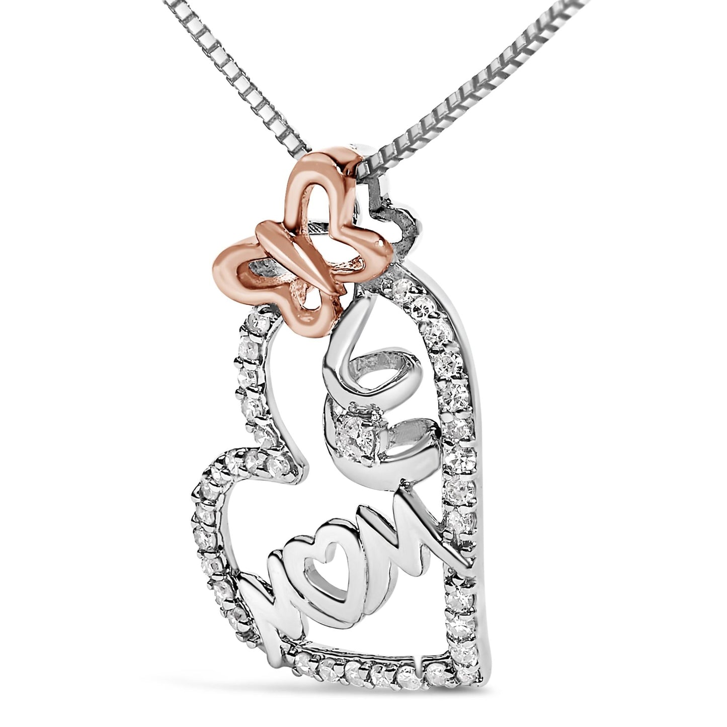 Two Tone .925 Sterling Silver 1/5 cttw Diamond "Mom" and Heart Pendant Necklace (H-I, I1-I2)-3
