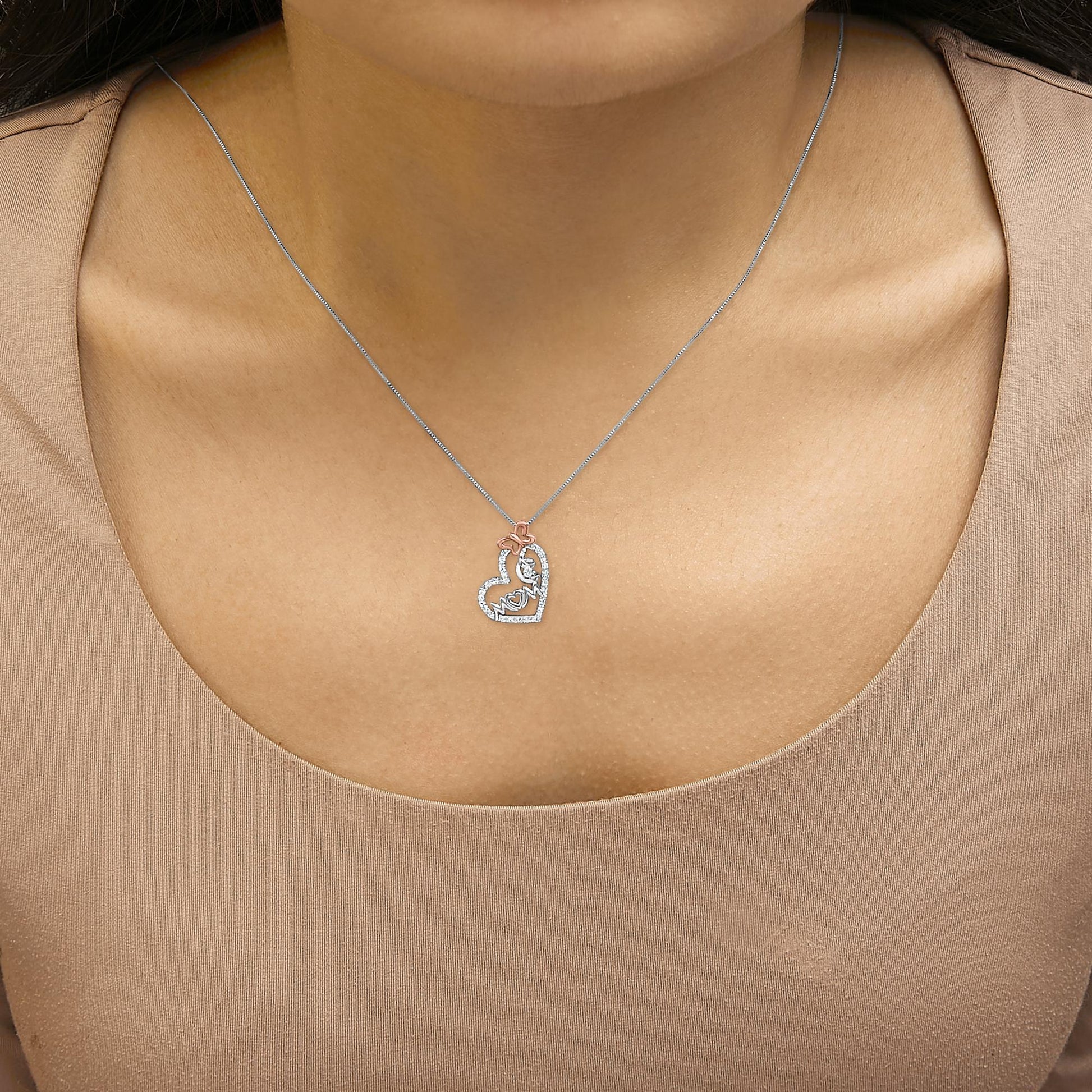 Two Tone .925 Sterling Silver 1/5 cttw Diamond "Mom" and Heart Pendant Necklace (H-I, I1-I2)-2