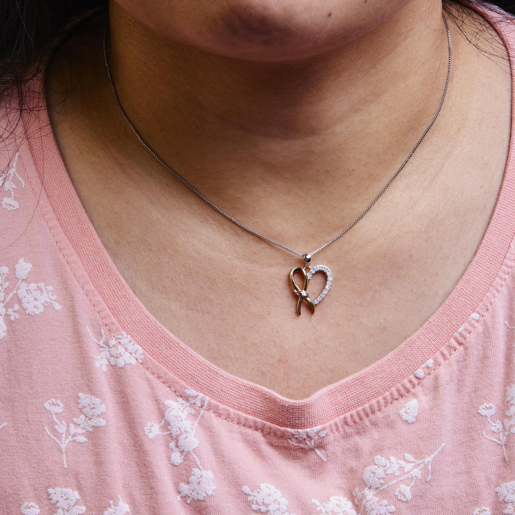 10K Yellow Gold Plated .925 Sterling Silver 1/5 Cttw Diamond Ribbon Heart Pendant Necklace (H-I Color, I2-I3 Clarity) - 18"-2