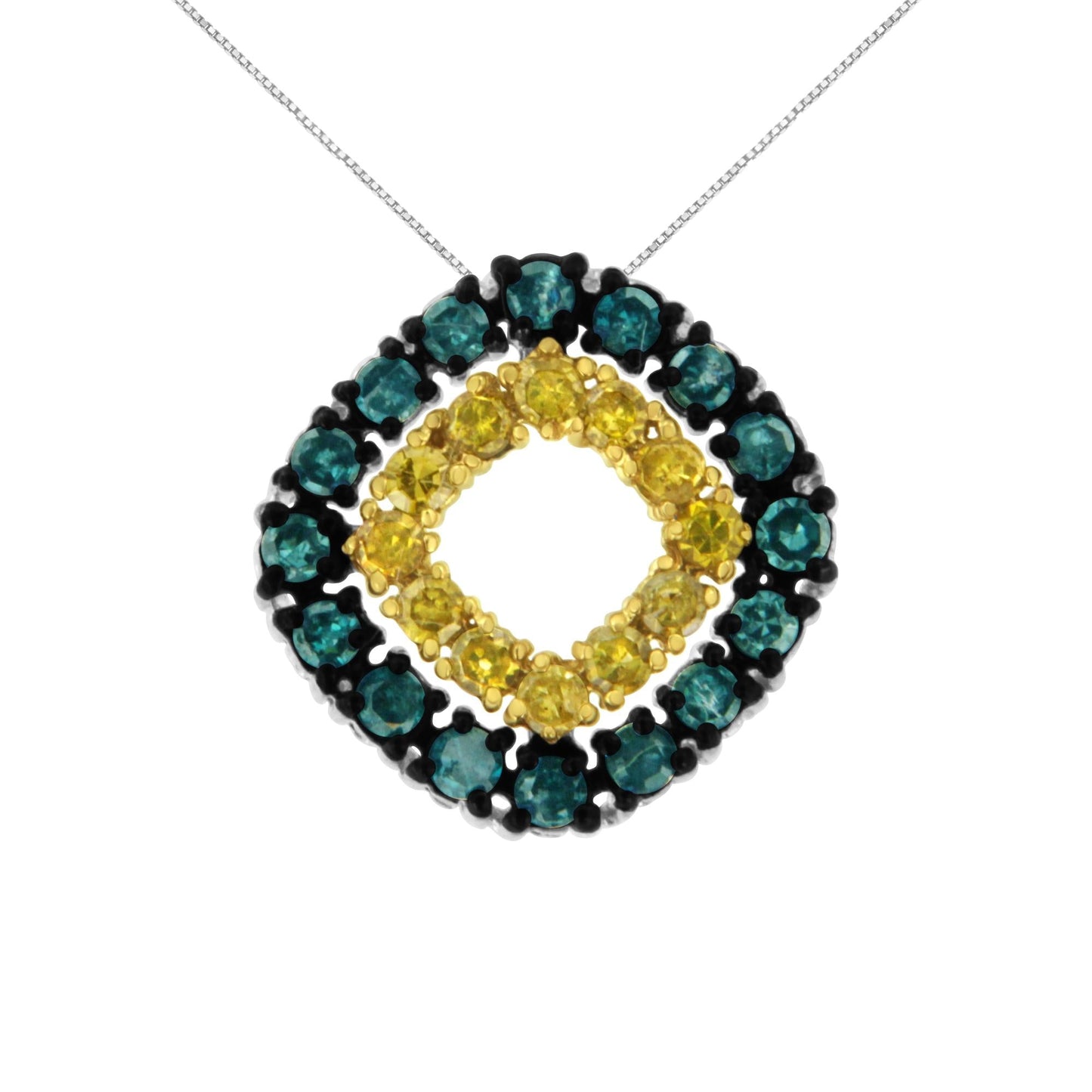 .925 Sterling Silver 1/2 Cttw Treated Blue and Yellow Diamond Double Square 18" Pendant Necklace (Blue/Yellow Color, I2-I3 Clarity)-0