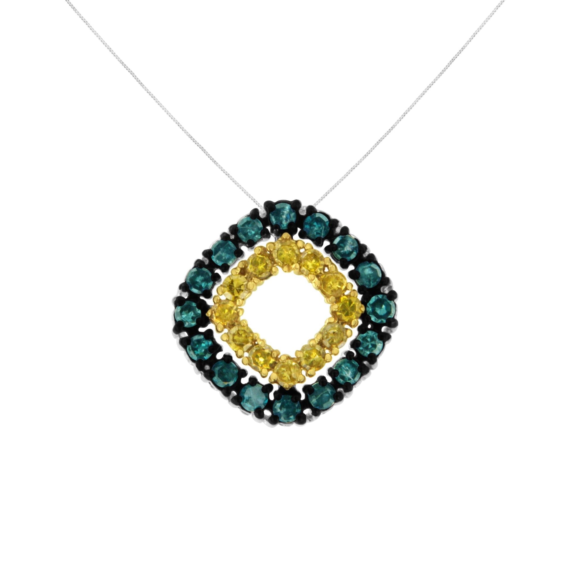 .925 Sterling Silver 1/2 Cttw Treated Blue and Yellow Diamond Double Square 18" Pendant Necklace (Blue/Yellow Color, I2-I3 Clarity)-1