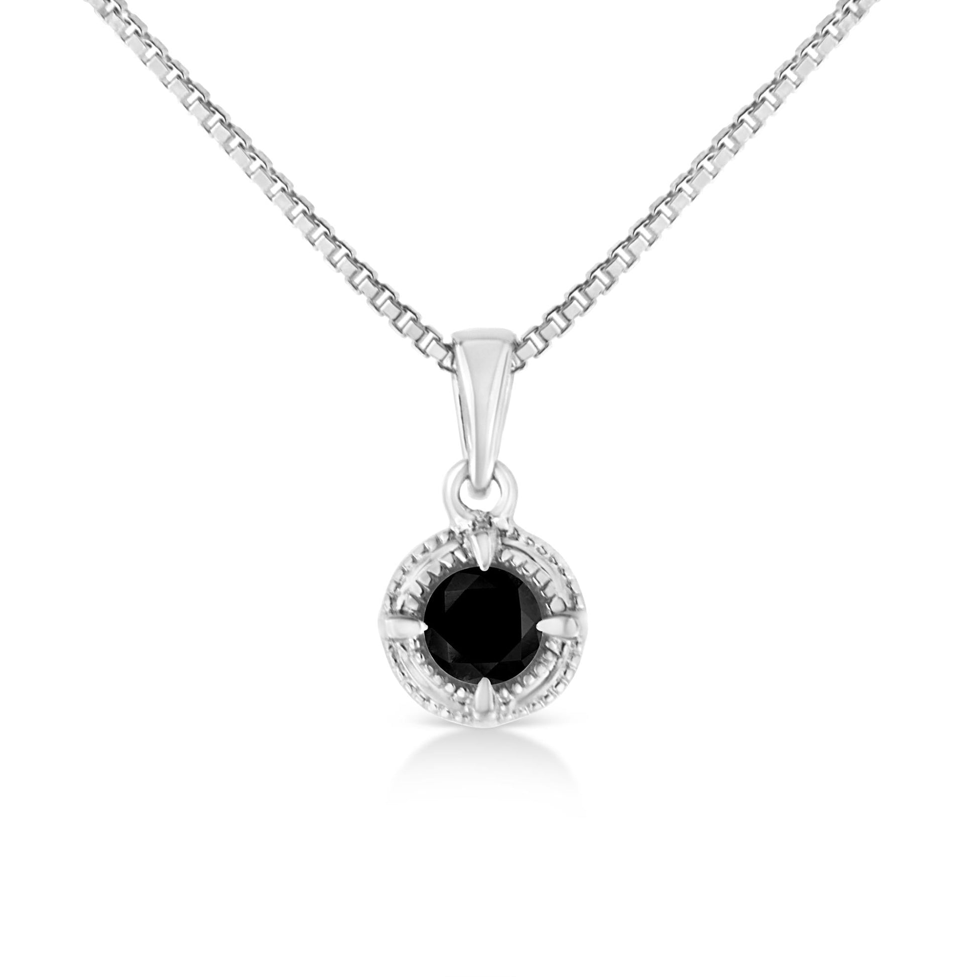 .925 Sterling Silver Treated Color Diamond Solitaire 18" Milgrain Pendant Necklace-2