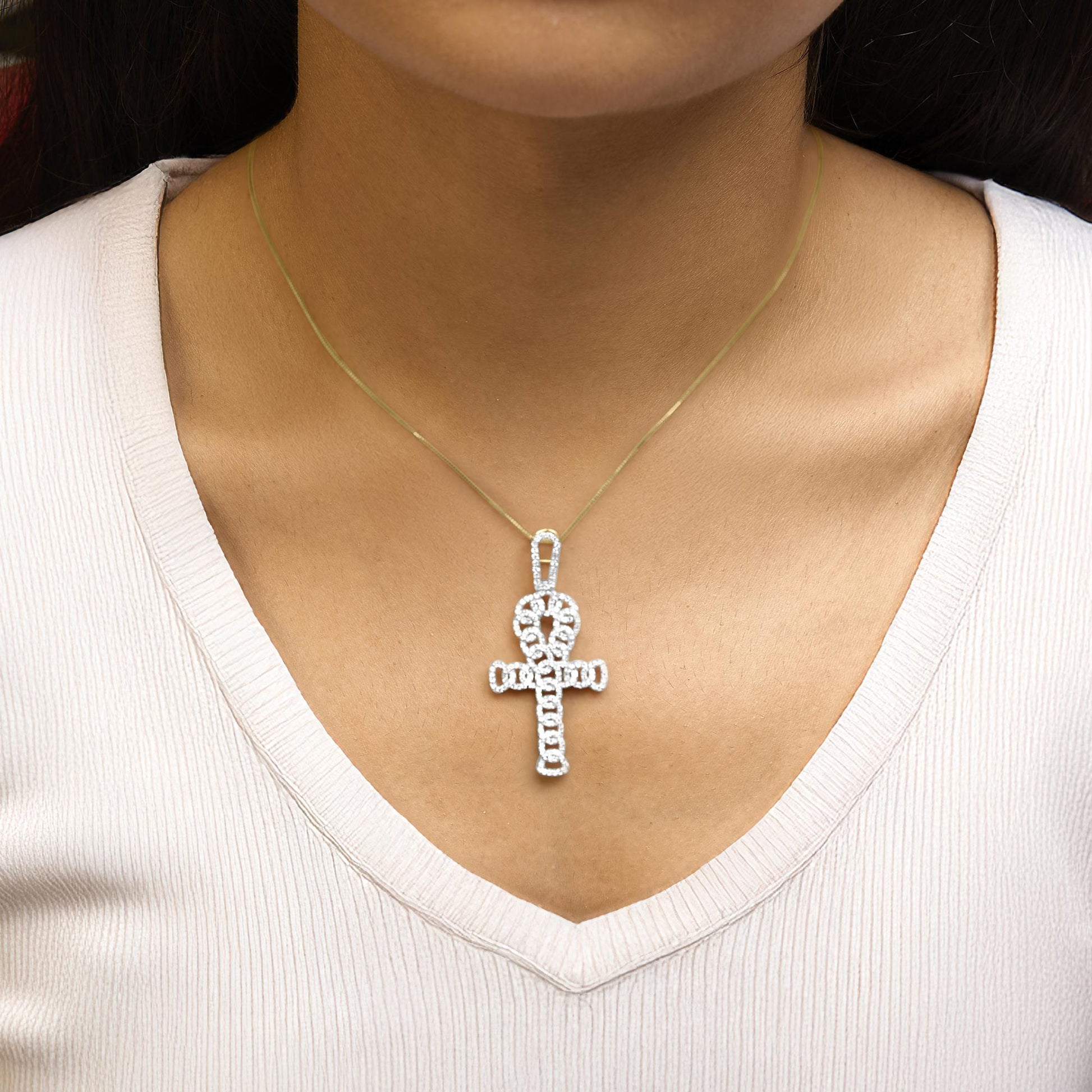 10K Yellow Gold 1.00 Cttw Ankh Cross Pendant (H-I Color, SI1-SI2 Clarity) -18" Inches-2