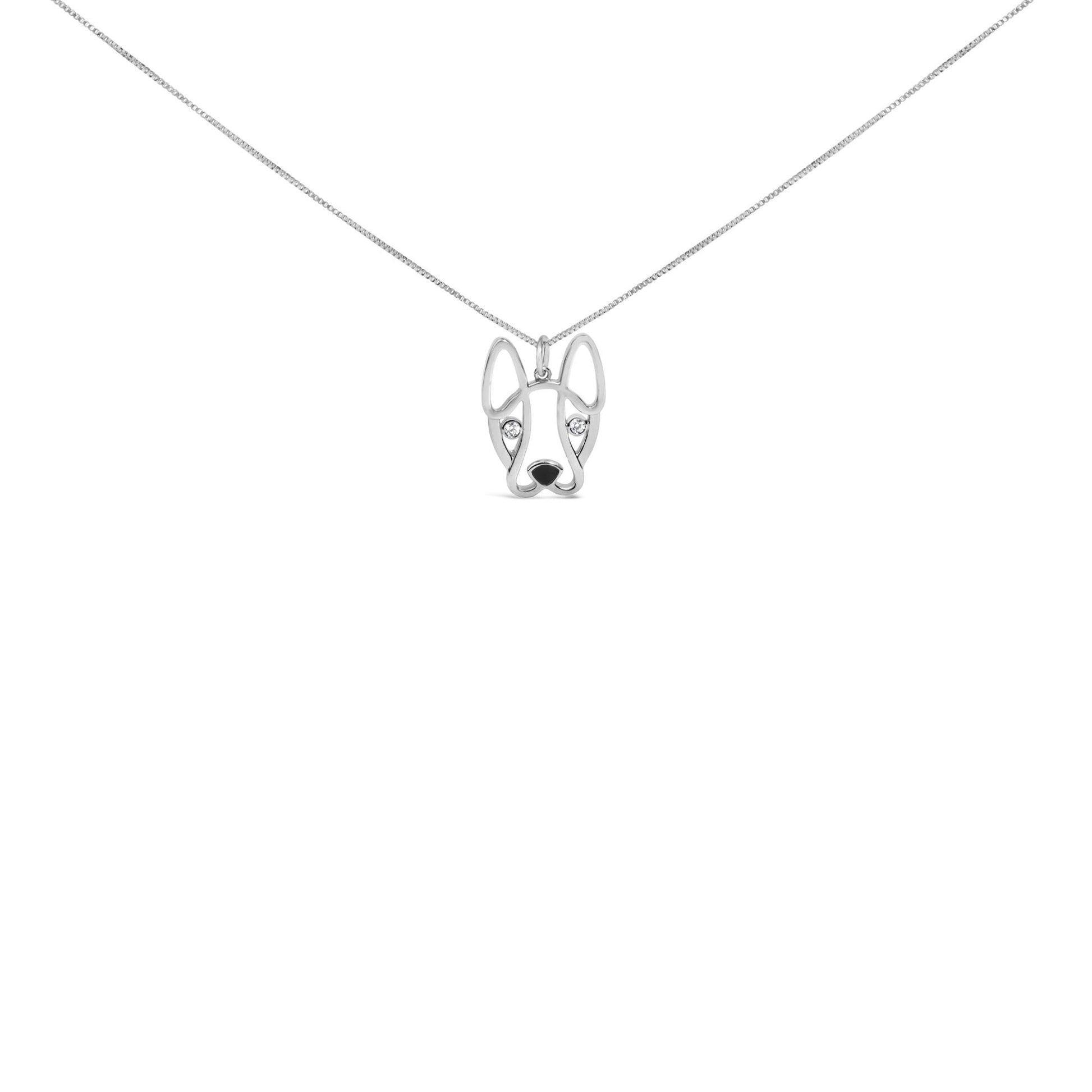 .925 Sterling Silver Diamond Accent and Black Enamel French Bullldog 18" Inch Pendant Necklace inch (I-J Color, I2-I3 Clarity)-1