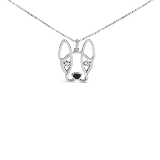 .925 Sterling Silver Diamond Accent and Black Enamel French Bullldog 18" Inch Pendant Necklace inch (I-J Color, I2-I3 Clarity)-0