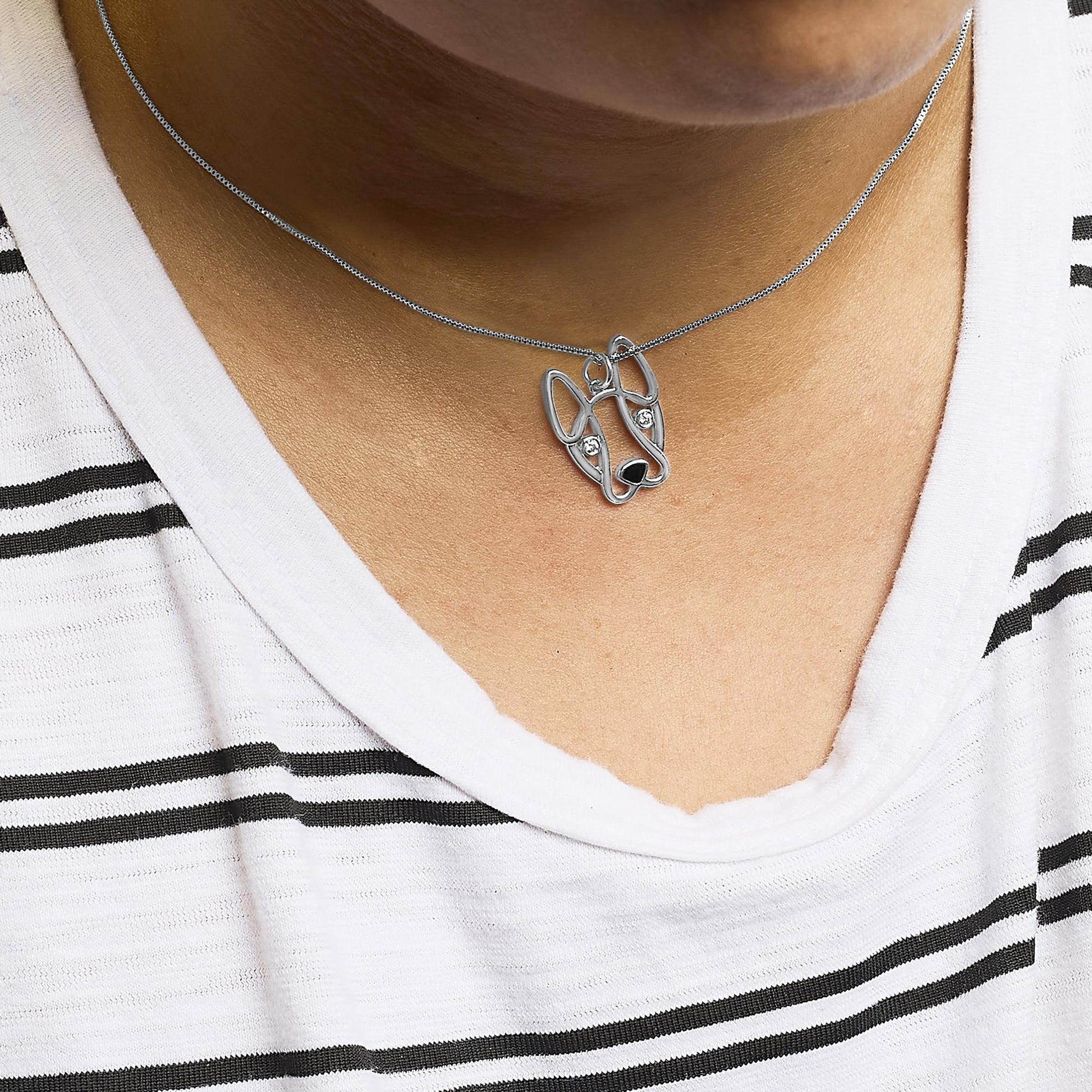 .925 Sterling Silver Diamond Accent and Black Enamel French Bullldog 18" Inch Pendant Necklace inch (I-J Color, I2-I3 Clarity)-2