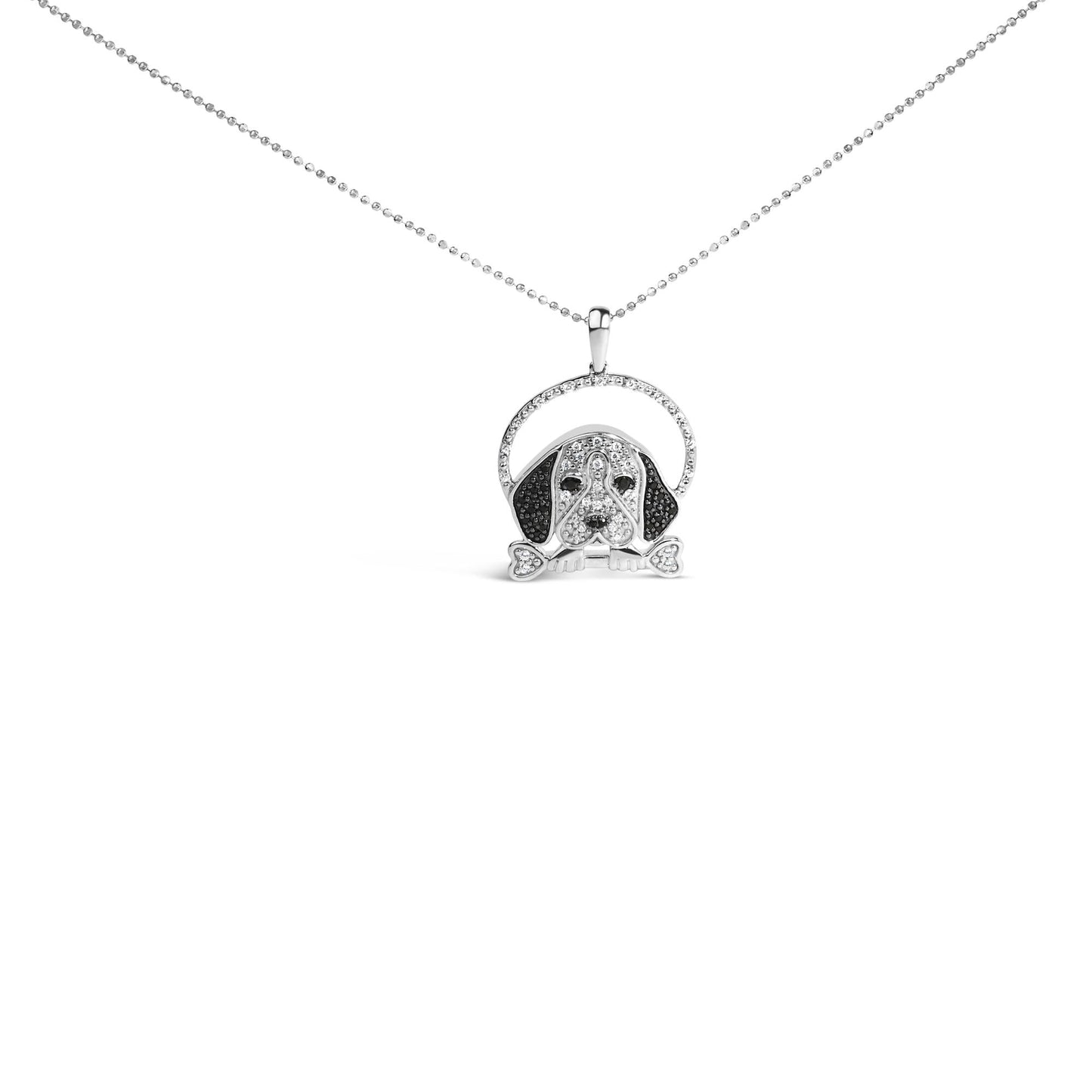.925 Sterling Silver 1/4 Cttw White and Black Diamond Beagle Dog and Bone Pendant Necklace (I-J Color, I2-I3 Clarity) - 18" Inches-1