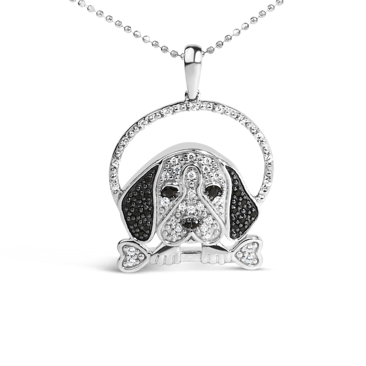 .925 Sterling Silver 1/4 Cttw White and Black Diamond Beagle Dog and Bone Pendant Necklace (I-J Color, I2-I3 Clarity) - 18" Inches-0
