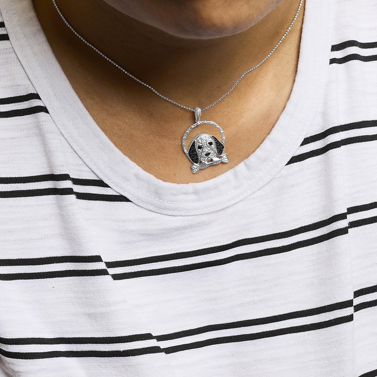 .925 Sterling Silver 1/4 Cttw White and Black Diamond Beagle Dog and Bone Pendant Necklace (I-J Color, I2-I3 Clarity) - 18" Inches-2