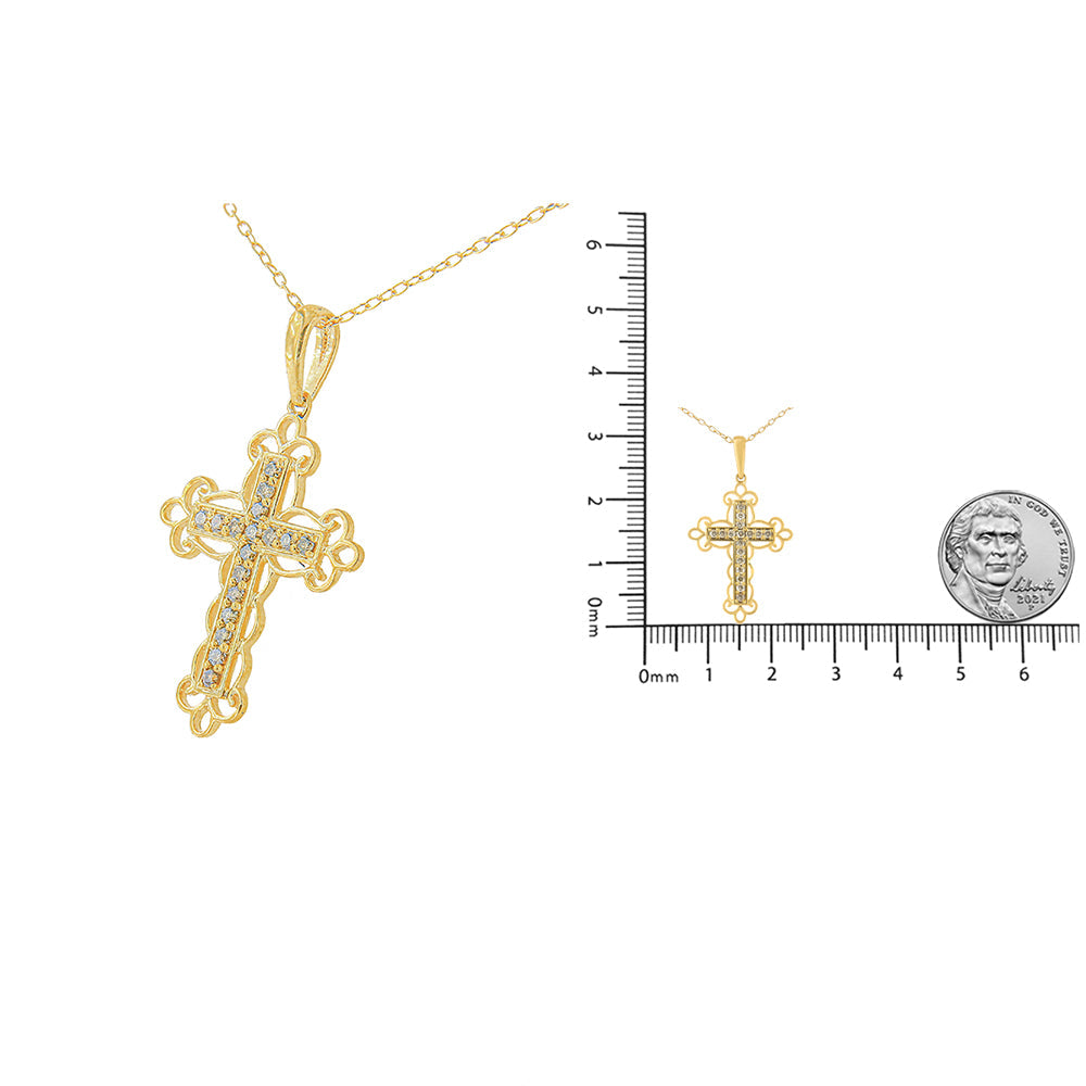 10K Yellow Flashed .925 Sterling Silver 1/4 Cttw Champagne Diamond Filigree Cross Pendant Necklace (K-L Color, I1-I2 Clarity) - 18"-4