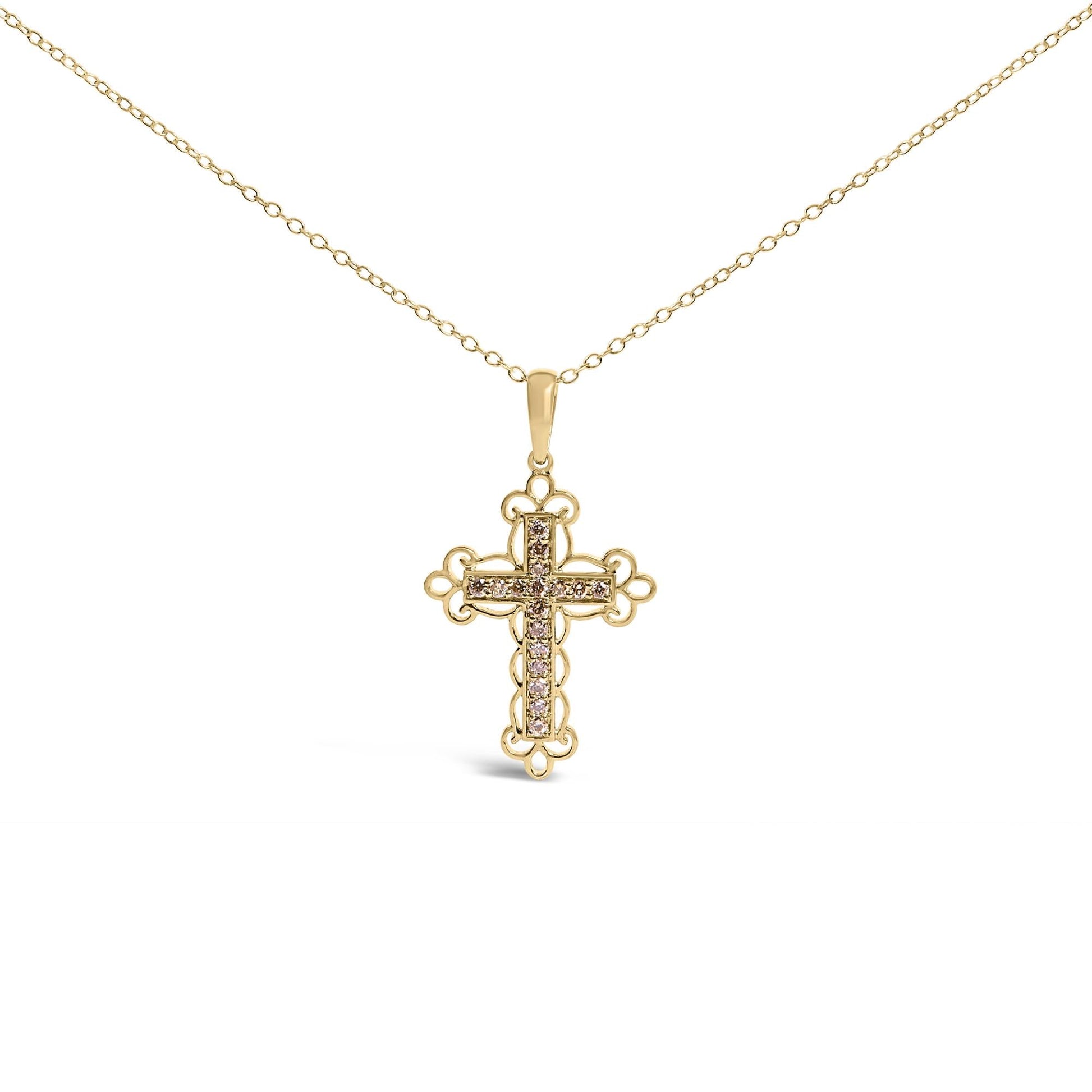 10K Yellow Flashed .925 Sterling Silver 1/4 Cttw Champagne Diamond Filigree Cross Pendant Necklace (K-L Color, I1-I2 Clarity) - 18"-0