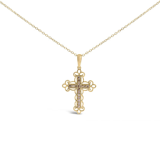 10K Yellow Flashed .925 Sterling Silver 1/4 Cttw Champagne Diamond Filigree Cross Pendant Necklace (K-L Color, I1-I2 Clarity) - 18"-0