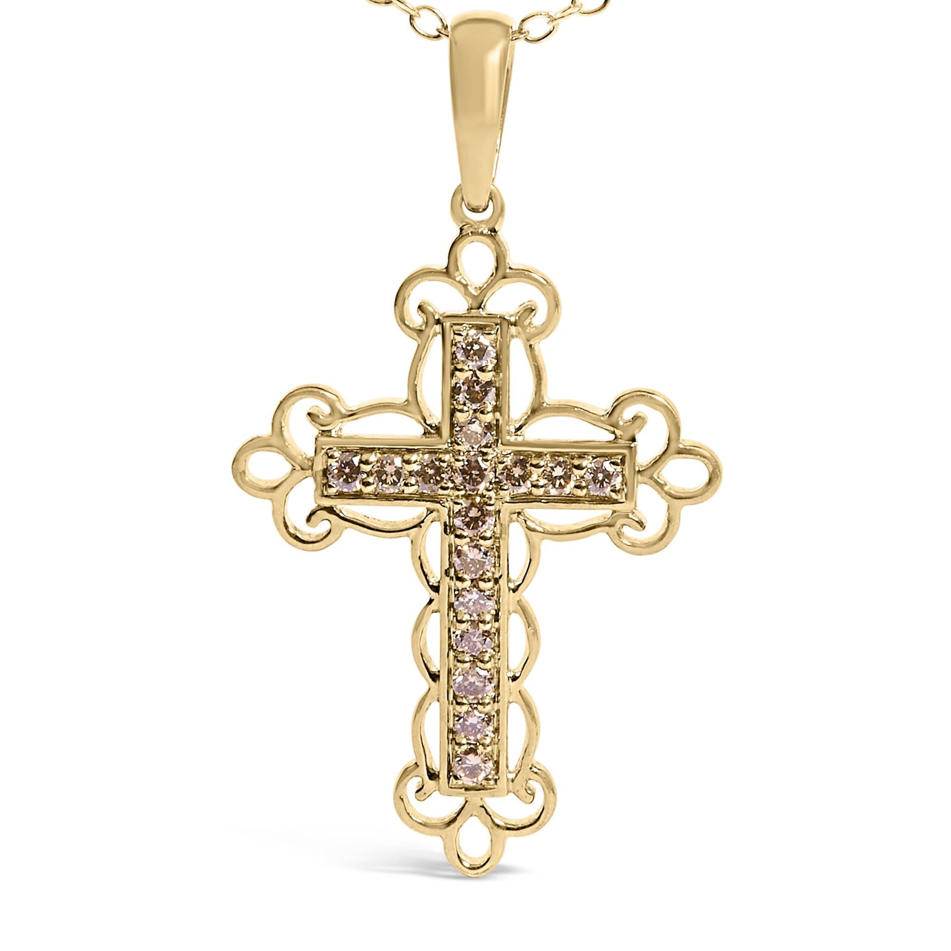 10K Yellow Flashed .925 Sterling Silver 1/4 Cttw Champagne Diamond Filigree Cross Pendant Necklace (K-L Color, I1-I2 Clarity) - 18"-1