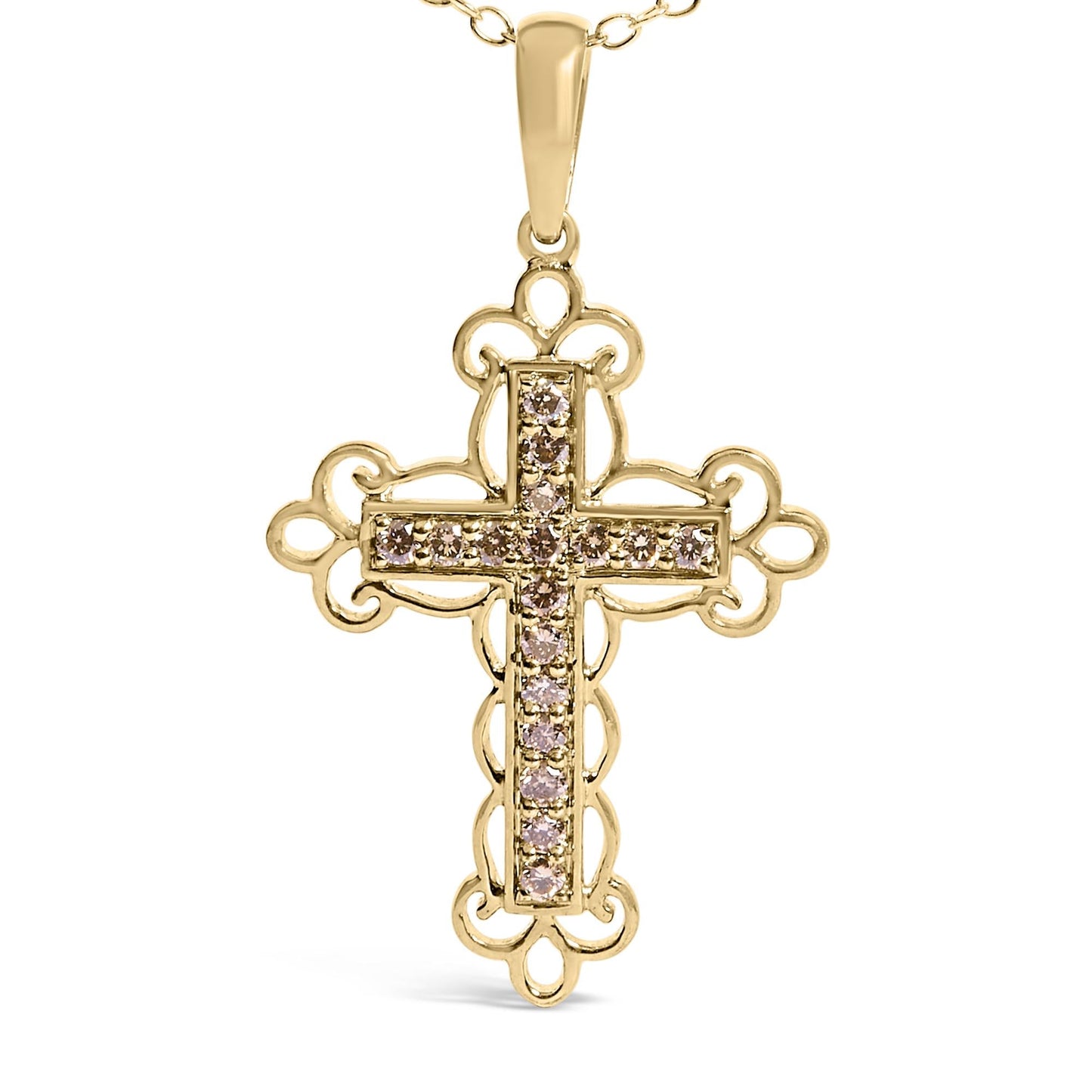 10K Yellow Flashed .925 Sterling Silver 1/4 Cttw Champagne Diamond Filigree Cross Pendant Necklace (K-L Color, I1-I2 Clarity) - 18"-1