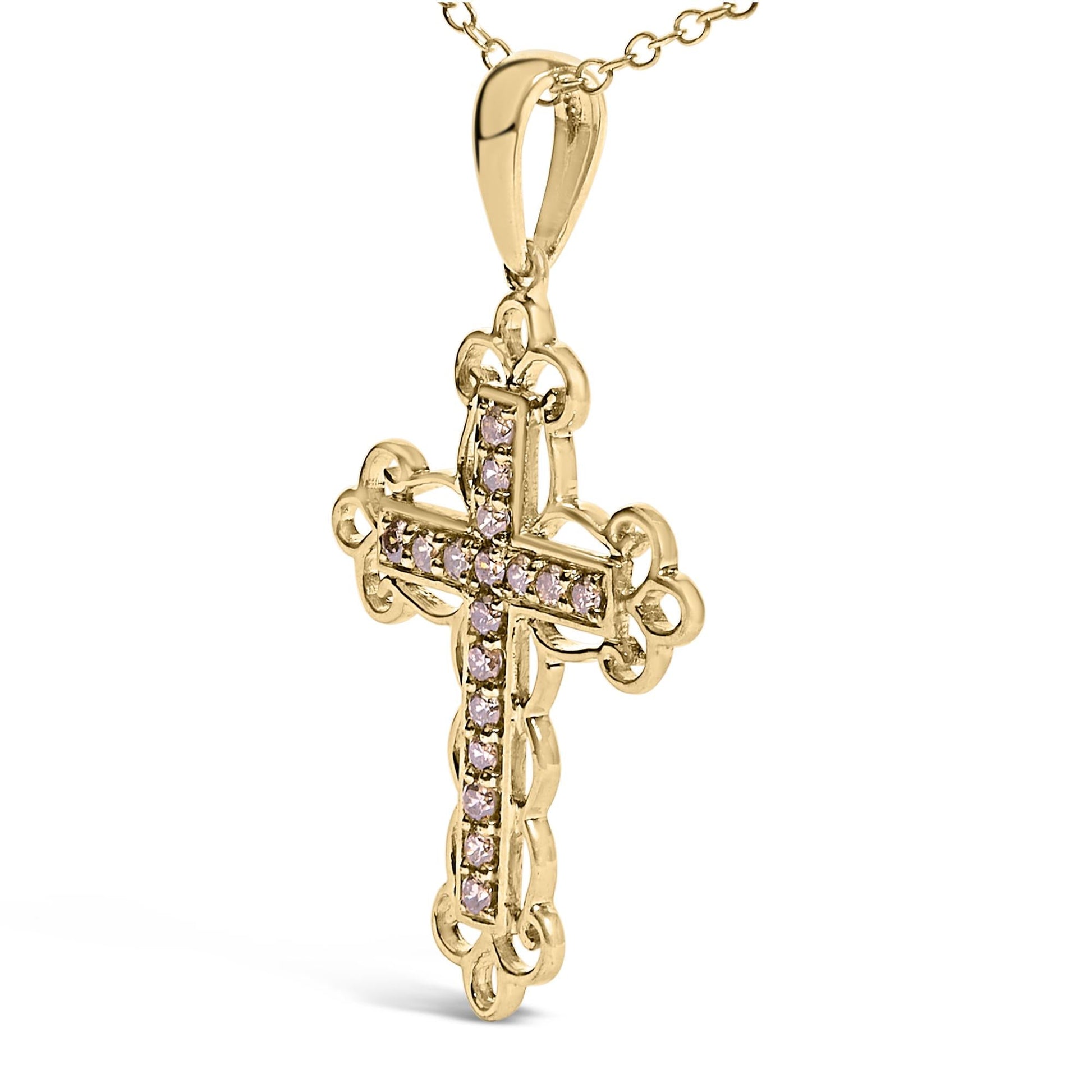 10K Yellow Flashed .925 Sterling Silver 1/4 Cttw Champagne Diamond Filigree Cross Pendant Necklace (K-L Color, I1-I2 Clarity) - 18"-3