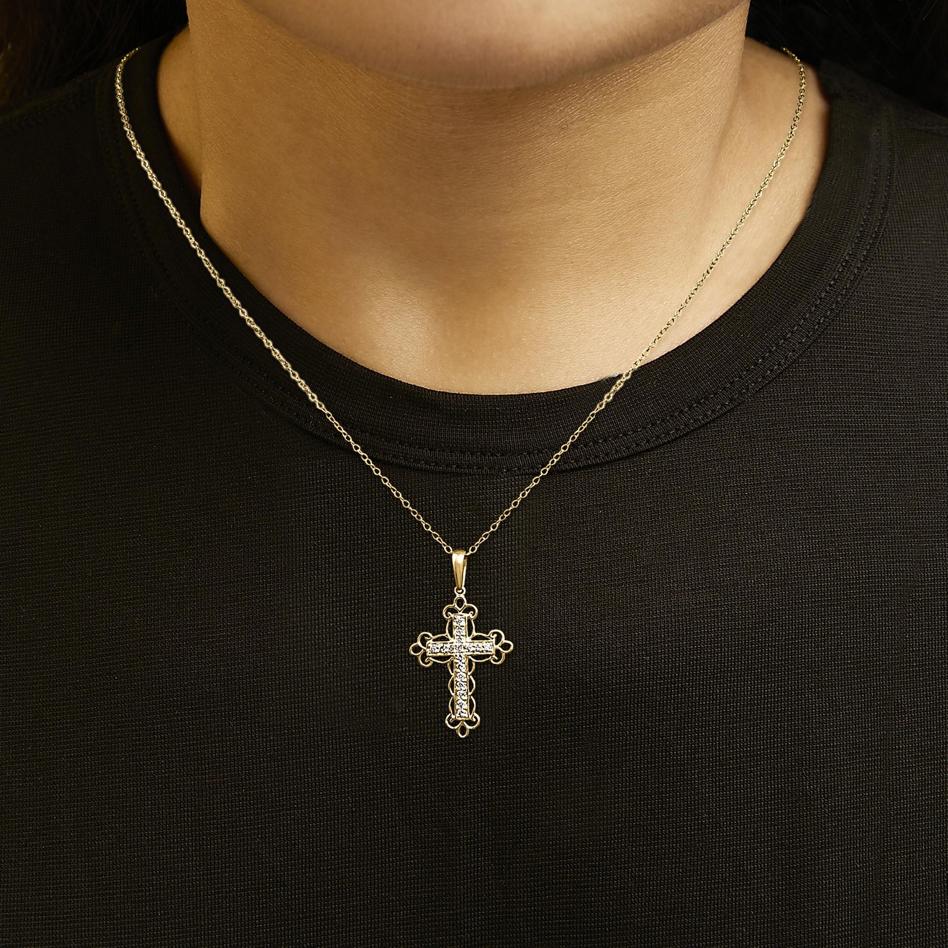 10K Yellow Flashed .925 Sterling Silver 1/4 Cttw Champagne Diamond Filigree Cross Pendant Necklace (K-L Color, I1-I2 Clarity) - 18"-2