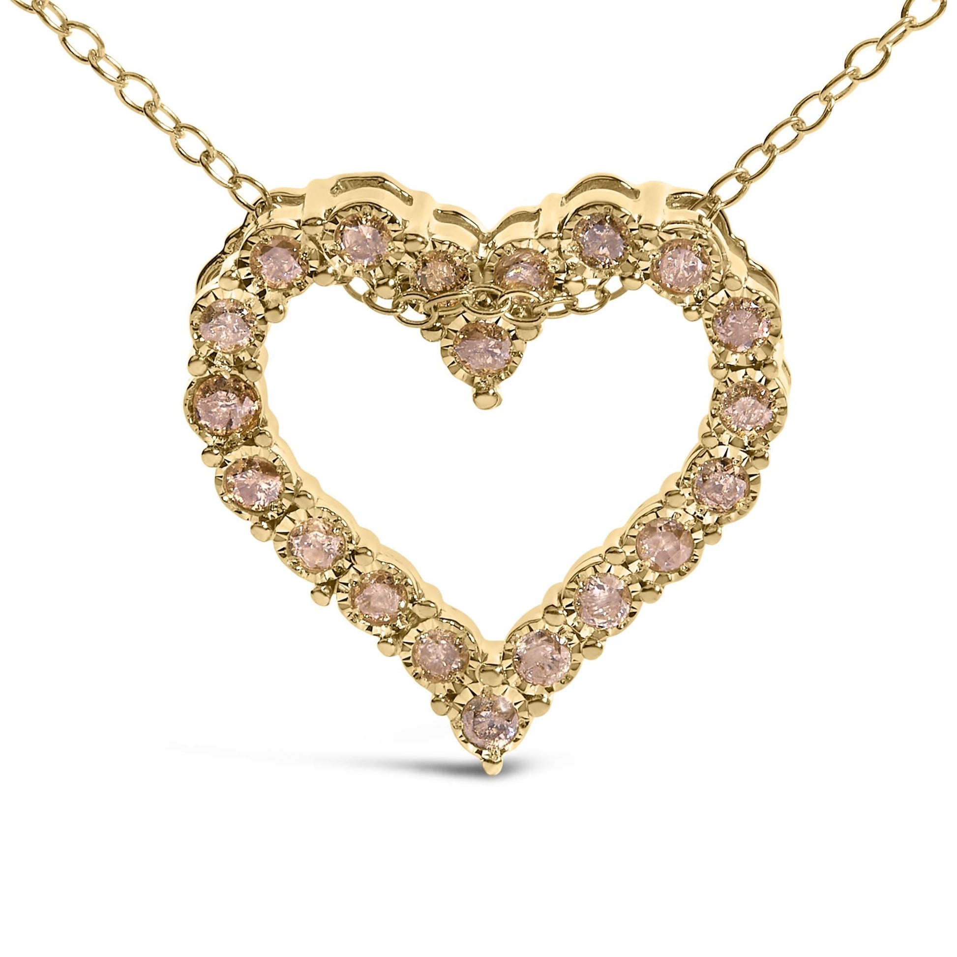 10K Yellow Gold Flashed .925 Sterling Silver 1/2 Cttw Champagne Diamond Miracle Plate Heart Pendant Necklace (K-L Color, I1-I2 Clarity) - 18"-1
