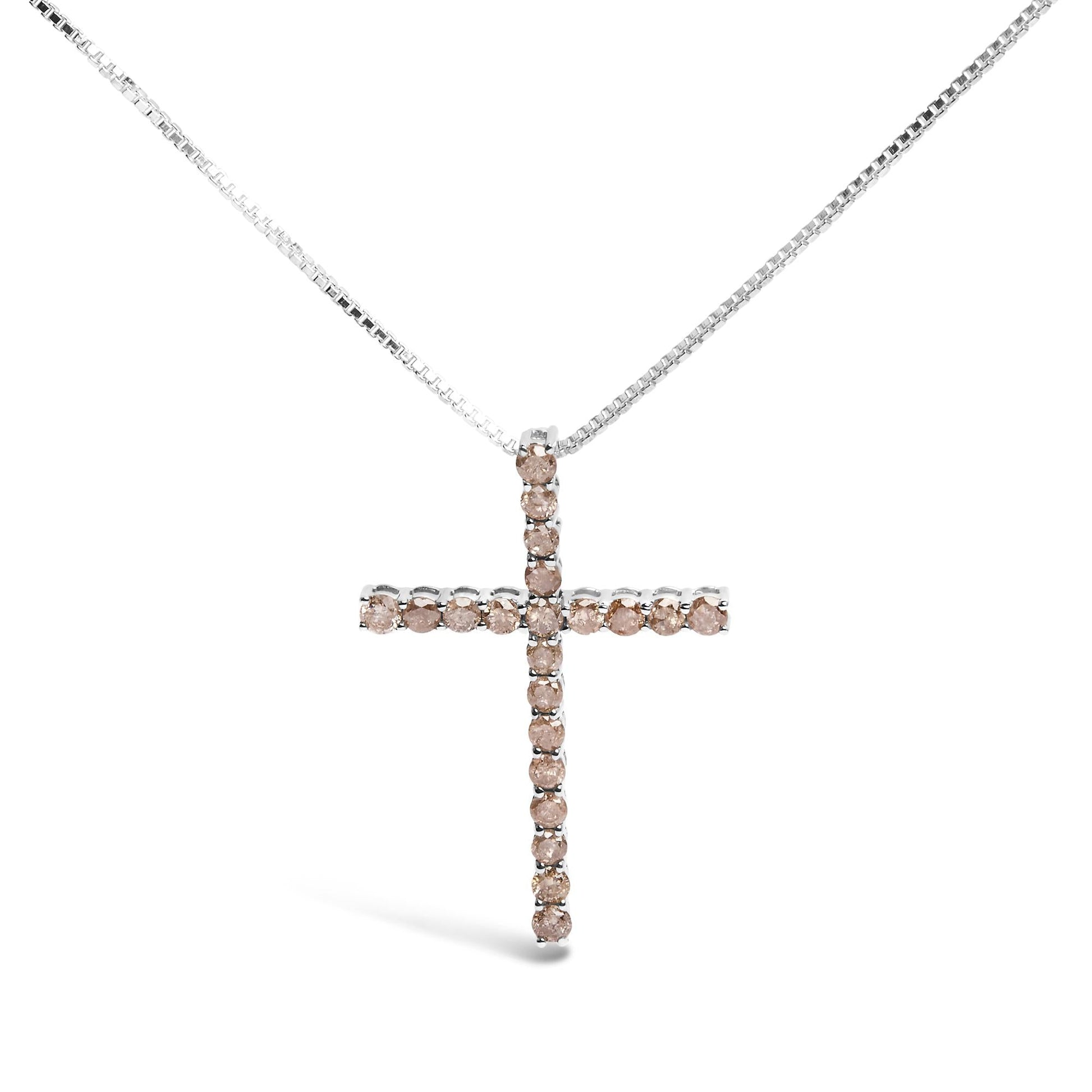 .925 Sterling Silver 1.0 Cttw Champagne Diamond Gold Cross Pendant Necklace for Women (Champagne Color, I1-I2 Clarity)- 18 inch-0