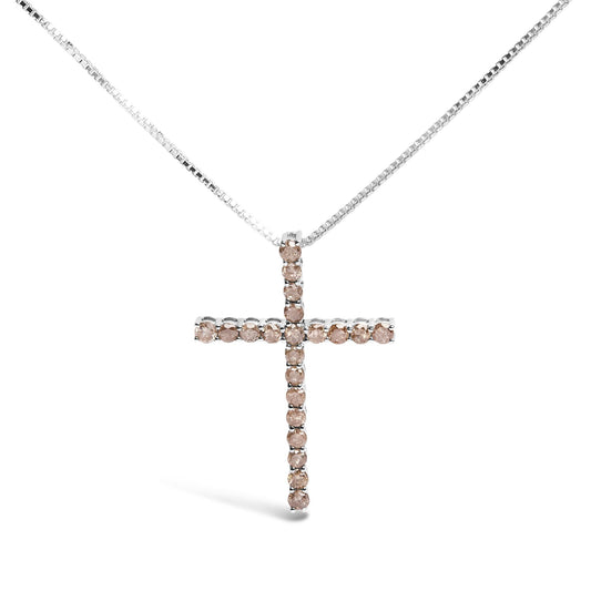 .925 Sterling Silver 1.0 Cttw Champagne Diamond Gold Cross Pendant Necklace for Women (Champagne Color, I1-I2 Clarity)- 18 inch-0