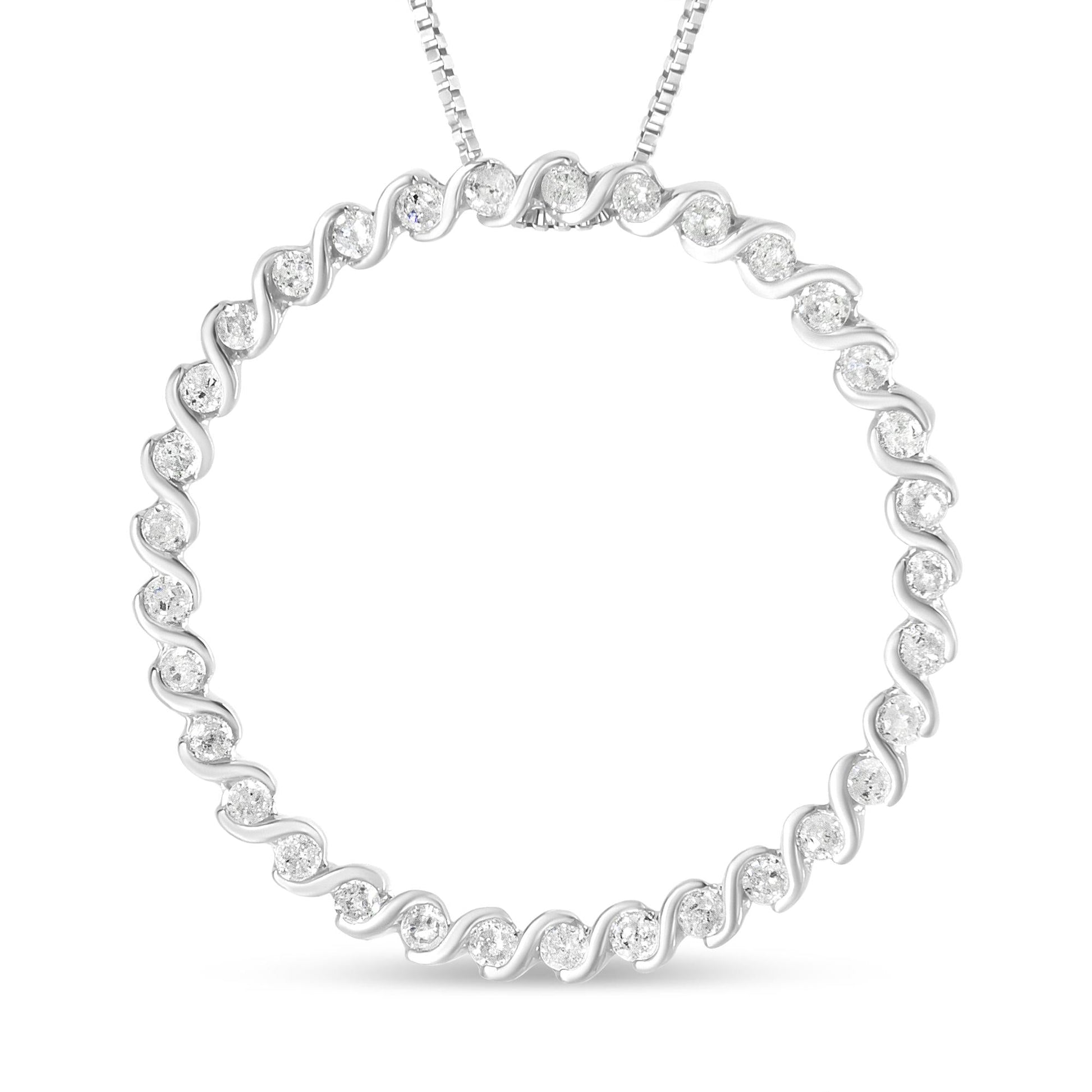 .925 Sterling Silver 3/4 Cttw Round Diamond Spiral Curved Circle Pendant 18" Necklace (I-J Color, I3 Clarity)-0