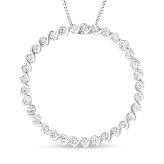 .925 Sterling Silver 3/4 Cttw Round Diamond Spiral Curved Circle Pendant 18" Necklace (I-J Color, I3 Clarity)-0