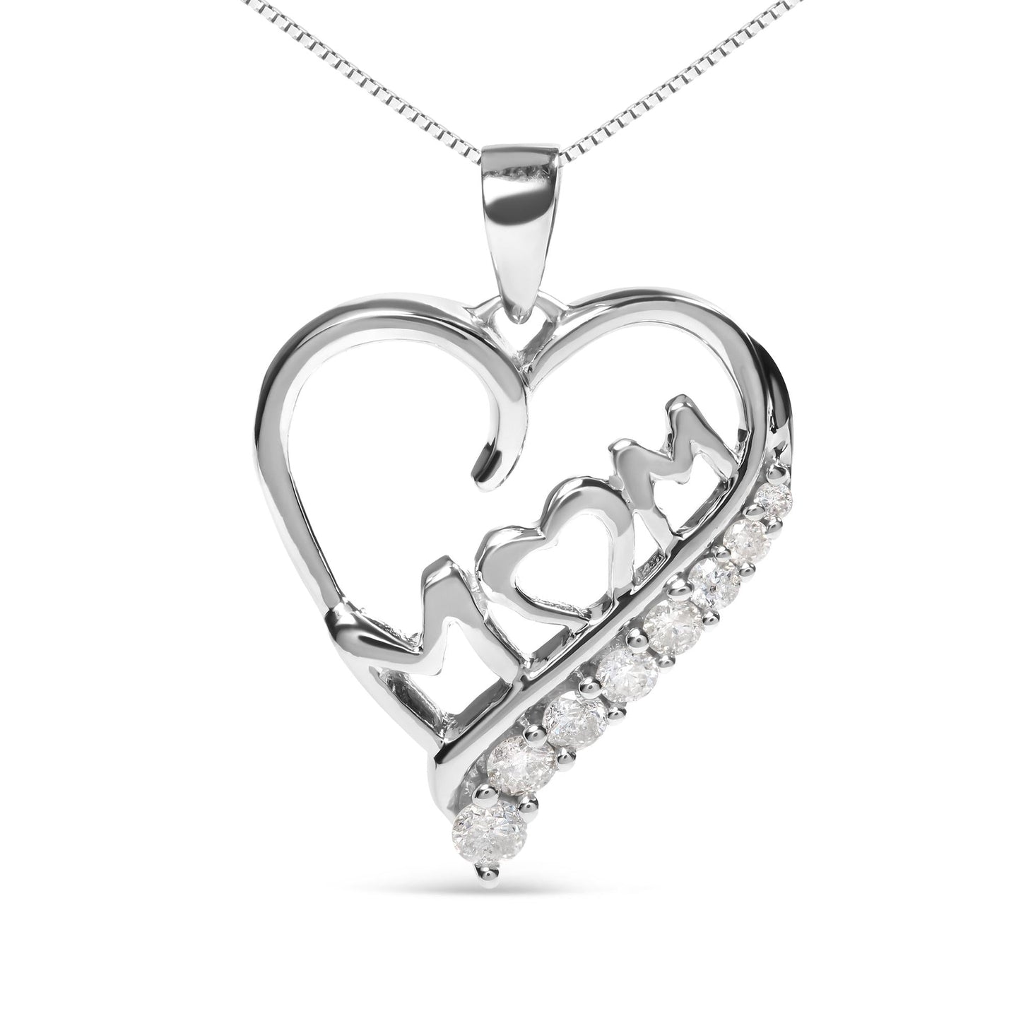 .925 Sterling Silver 1/4 Cttw Diamond  "Mom" and Open Heart 18" Pendant Necklace (I-J Color, I2-I3 Clarity)-1