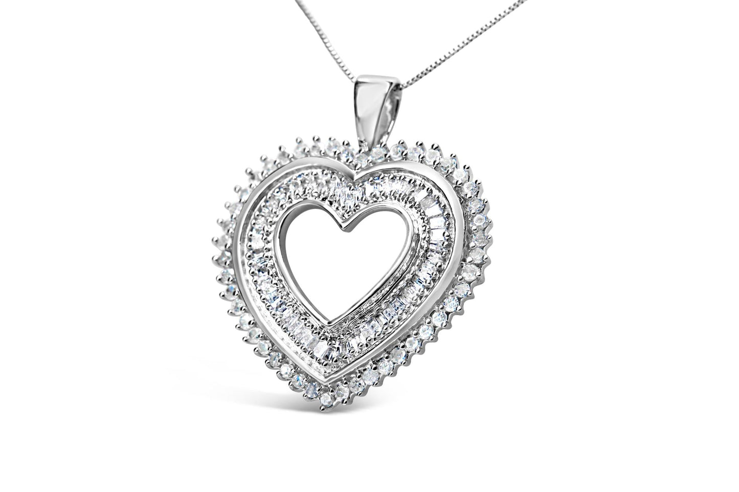 .925 Sterling Silver 1.0 Cttw Baguette and Round Diamond  Heart Pendant 18" Necklace (H-I Color, I3 Clarity)-3