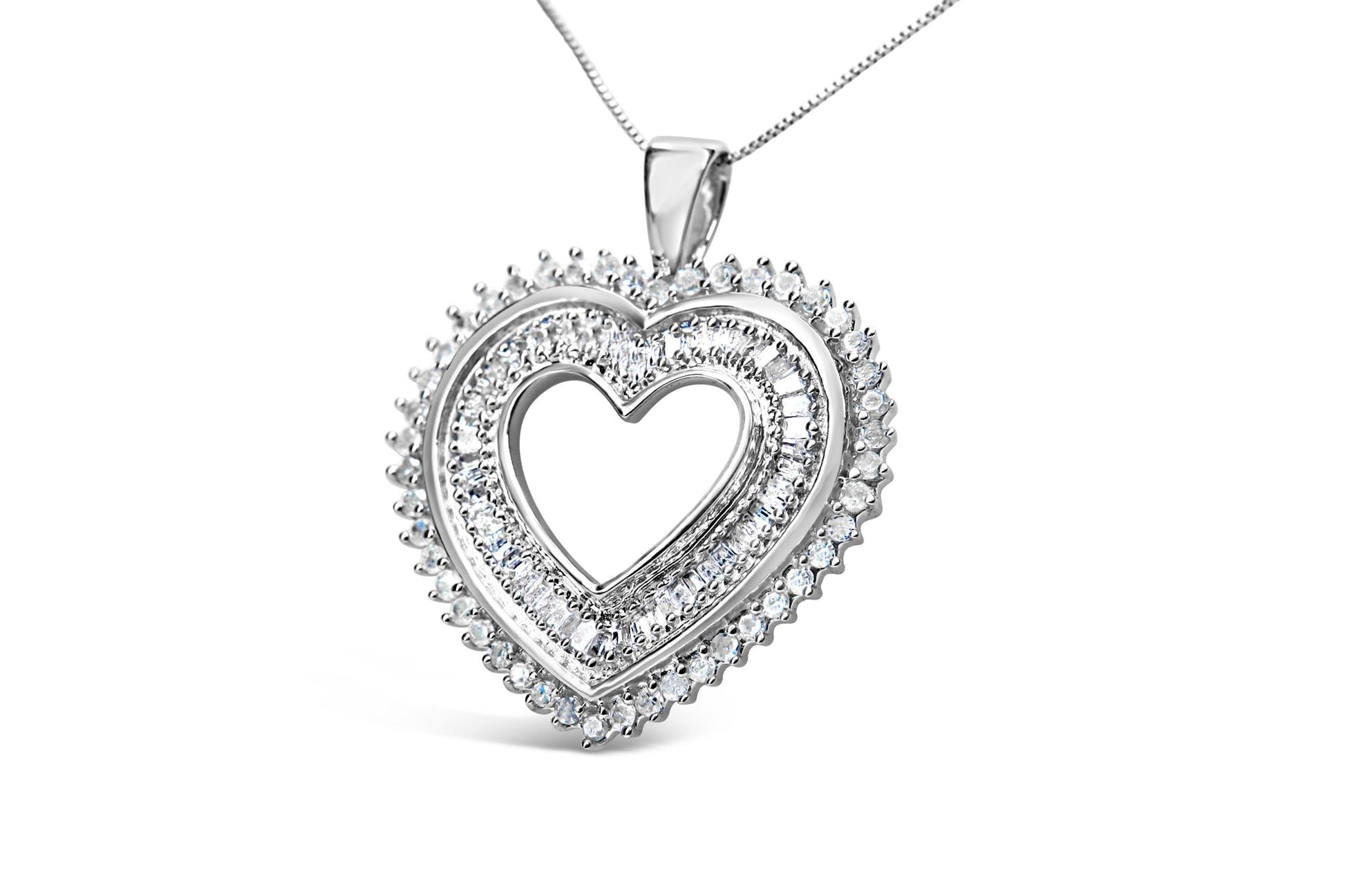 .925 Sterling Silver 1.0 Cttw Baguette and Round Diamond  Heart Pendant 18" Necklace (H-I Color, I3 Clarity)-3