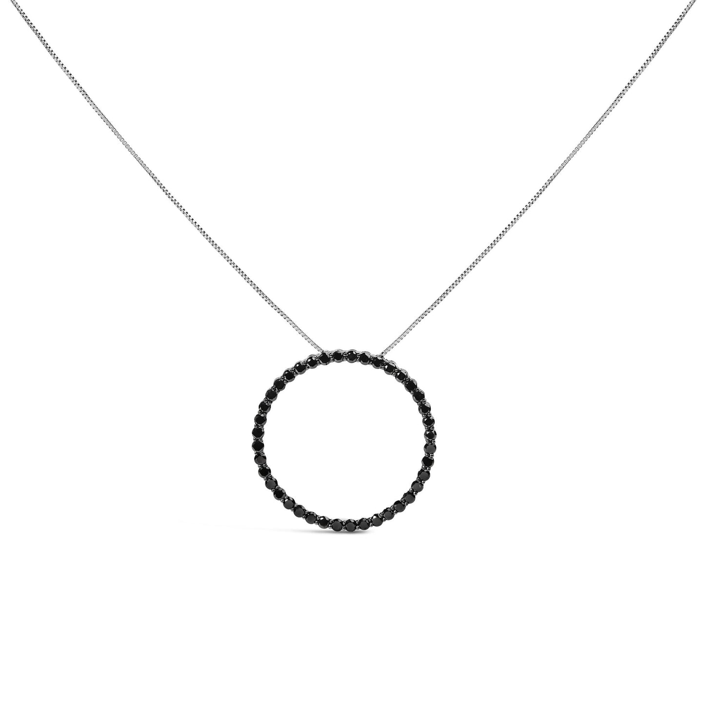 .925 Sterling Silver Black Diamond Open Hoop Circle 18" Pendant Necklace (Black Color, I2-I3 Clarity)-1