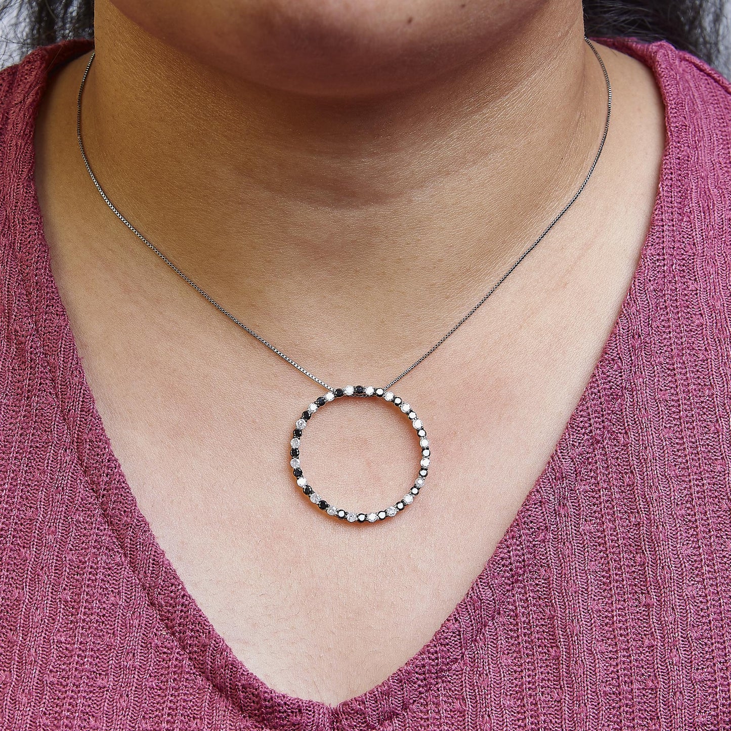.925 Sterling Silver 2.0 Cttw Alternating Black and White Diamond Open Hoop Circle Pendant Necklace (H-I Color, I2-I3 Clarity) - 18" Inches-2