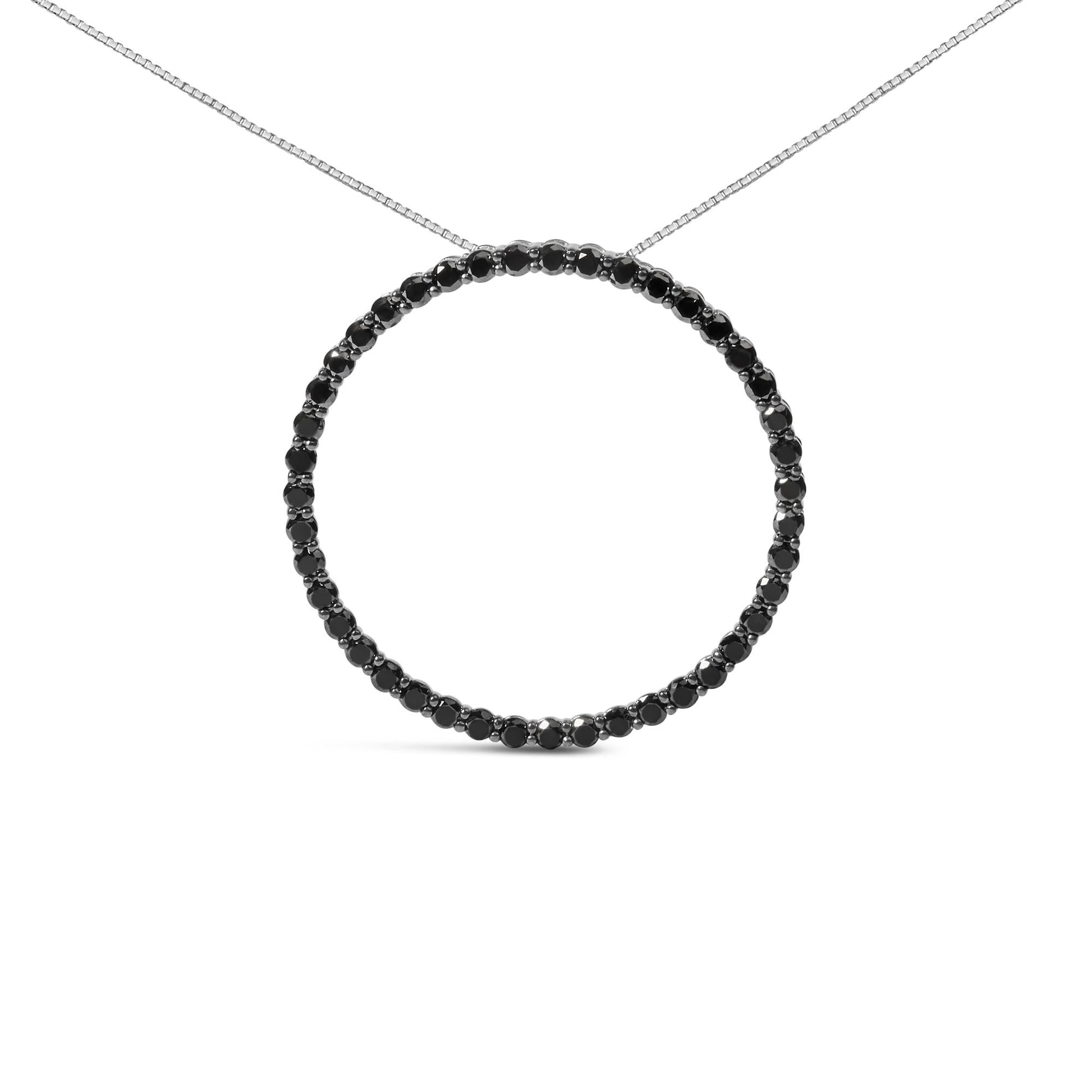 .925 Sterling Silver Black Diamond Open Hoop Circle 18" Pendant Necklace (Black Color, I2-I3 Clarity)-0