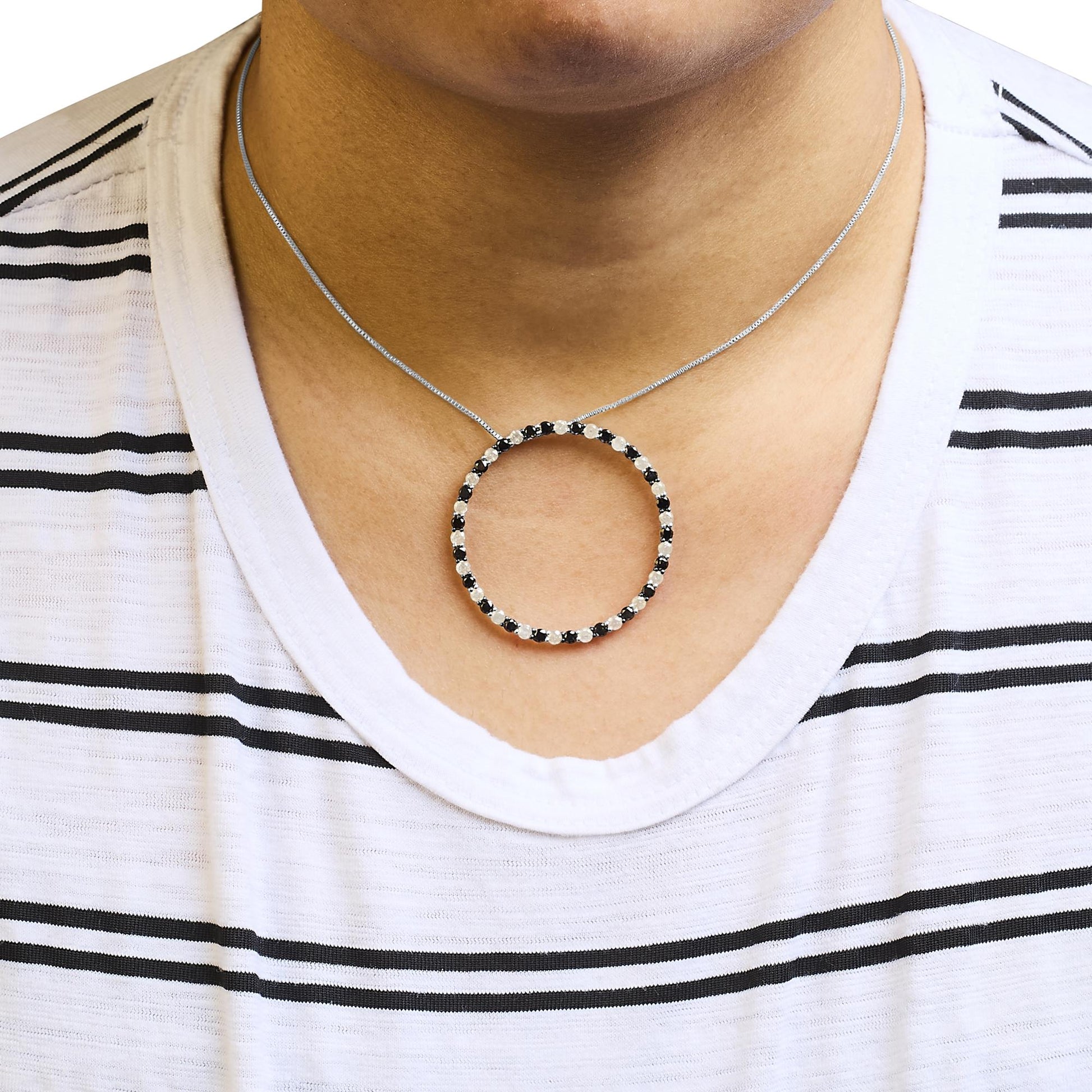 .925 Sterling Silver 3.0 Cttw Alternating Black and White Diamond Open Hoop Circle Pendant Necklace (H-I Color, I3 Clarity) - 18" Inches-2