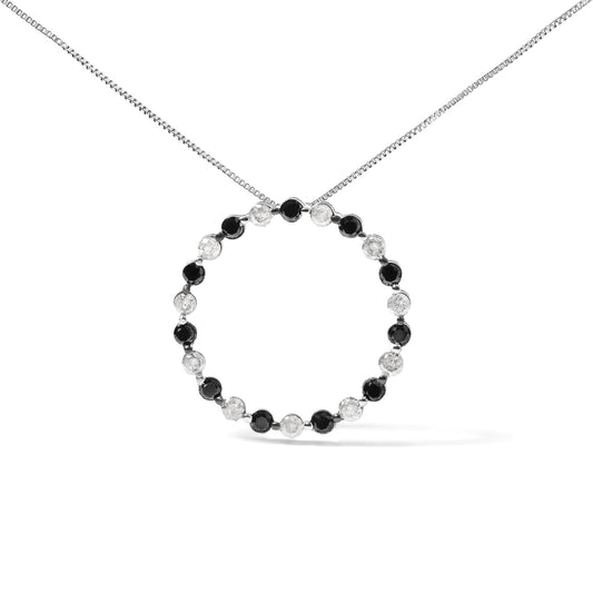 .925 Sterling Silver 1 3/4 Cttw Alternating Black and White Diamond Open Circle Hoop Pendant Necklace (H-I Color, I2-I3 Clarity) - 18" Inches-0