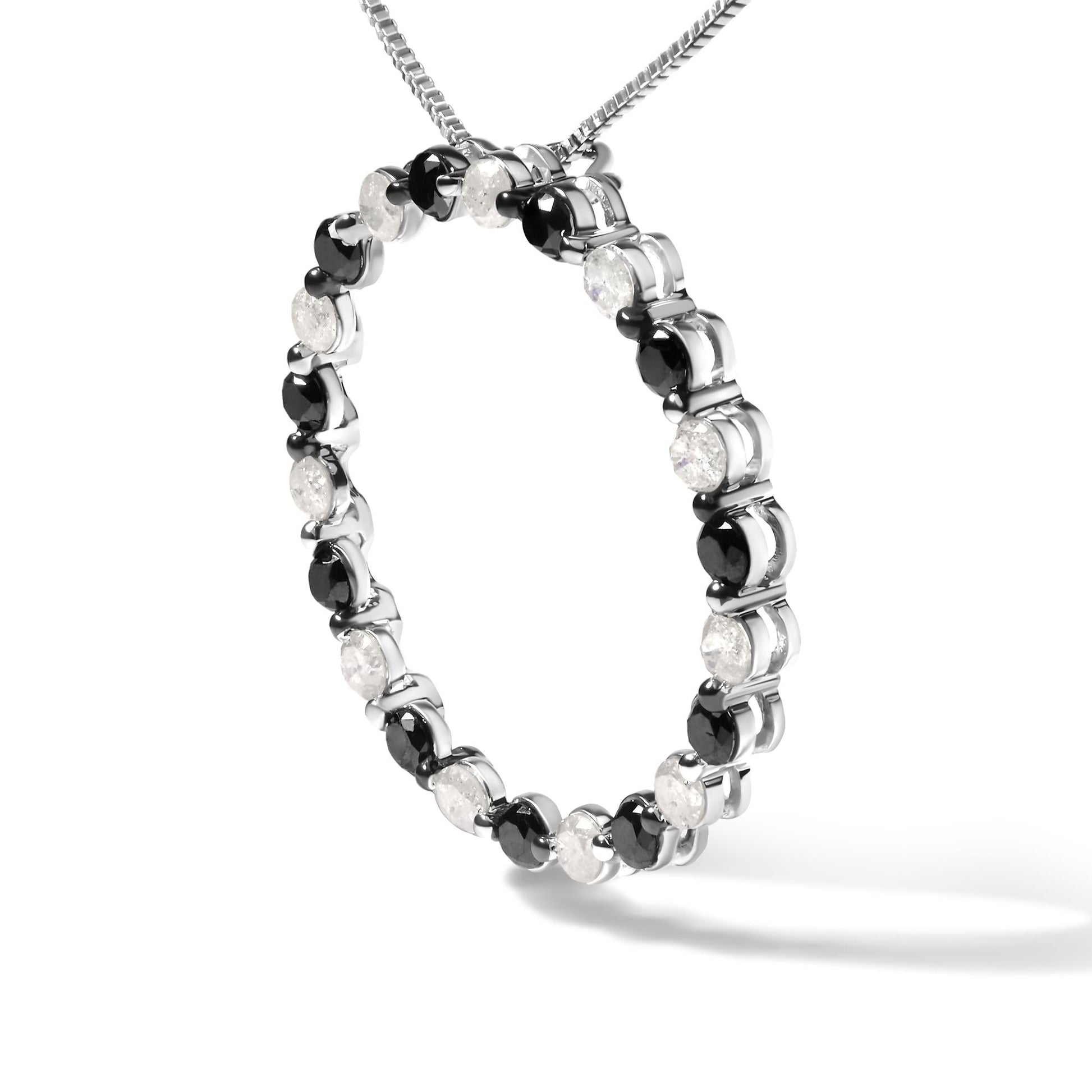 .925 Sterling Silver 1 3/4 Cttw Alternating Black and White Diamond Open Circle Hoop Pendant Necklace (H-I Color, I2-I3 Clarity) - 18" Inches-3
