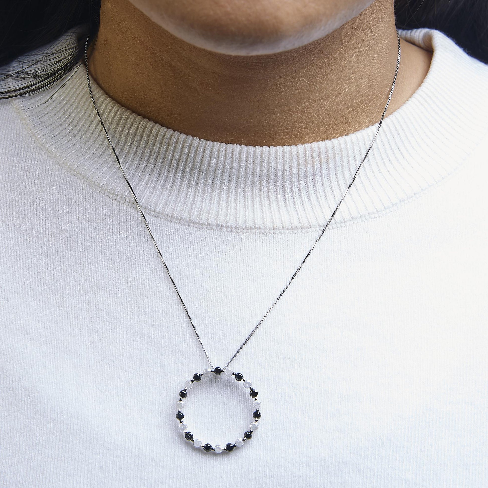 .925 Sterling Silver 1 3/4 Cttw Alternating Black and White Diamond Open Circle Hoop Pendant Necklace (H-I Color, I2-I3 Clarity) - 18" Inches-2