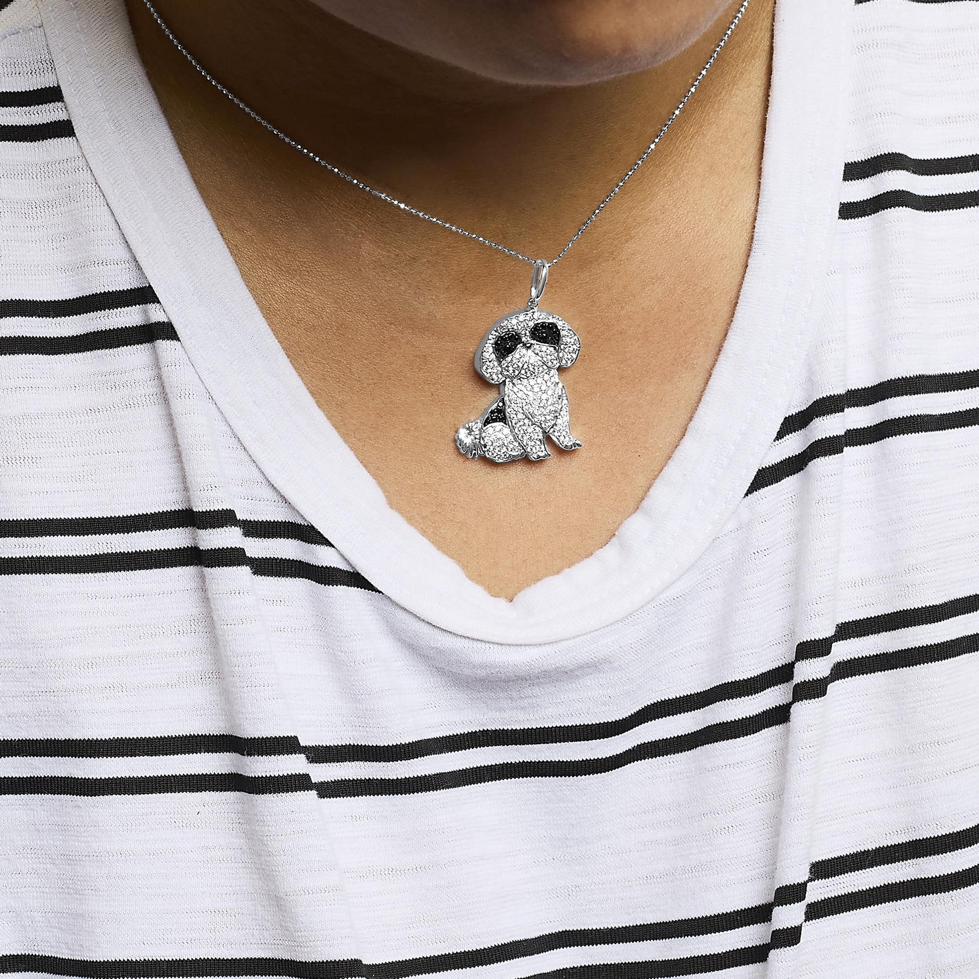 .925 Sterling Silver 1 1/4 Cttw Diamond Shih Tzu Dog Pendant Necklace 18 inch (Black and I-J Color, I2-I3 Clarity)-2