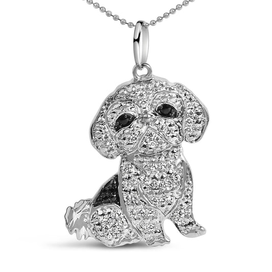 .925 Sterling Silver 1/2 Cttw White and Black Diamond Shih Tzu Dog 18" Pendant Necklace (I-J Color, I2-I3 Clarity)-0