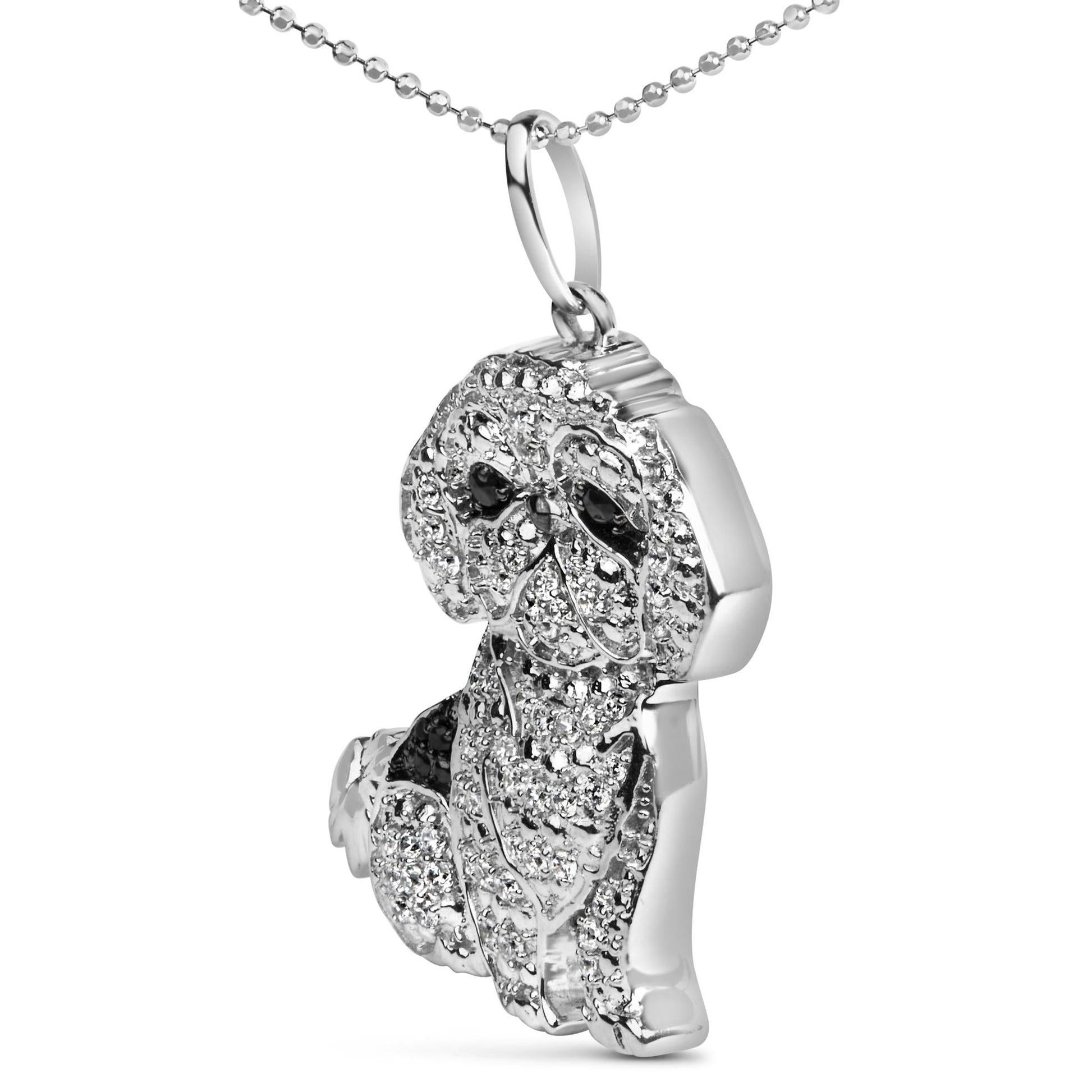 .925 Sterling Silver 1/2 Cttw White and Black Diamond Shih Tzu Dog 18" Pendant Necklace (I-J Color, I2-I3 Clarity)-3