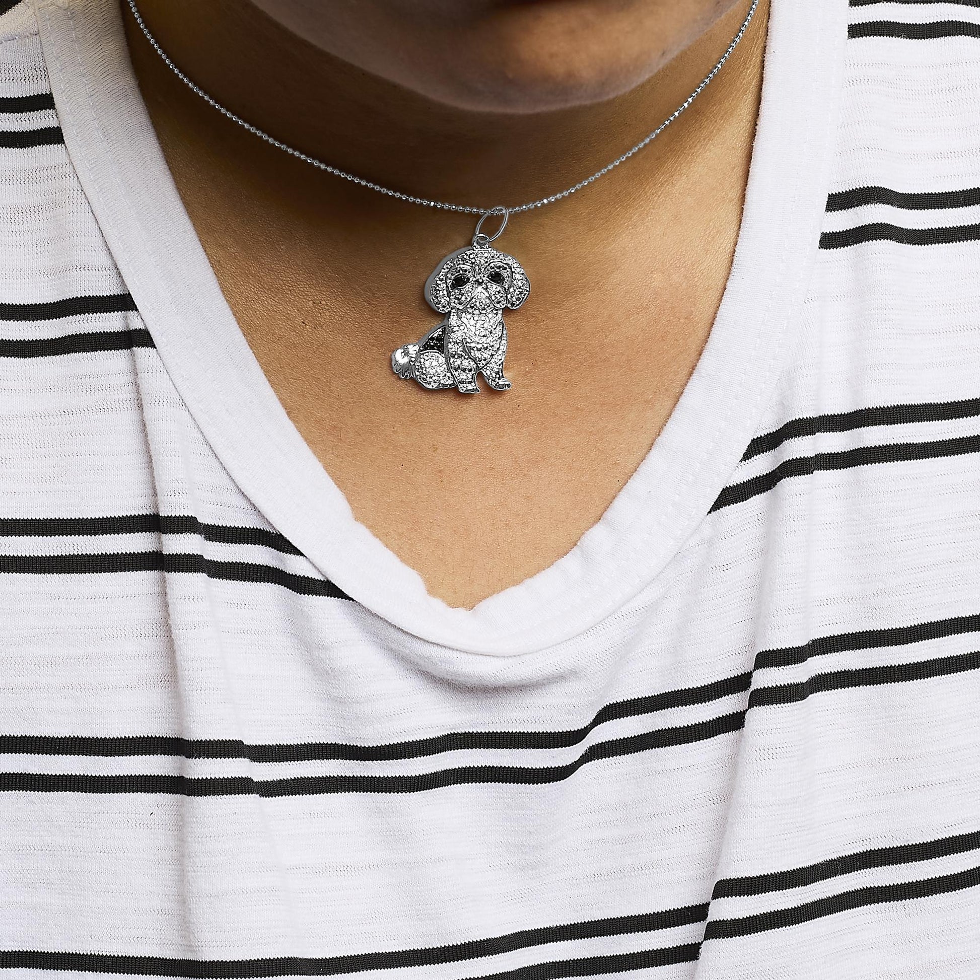 .925 Sterling Silver 1/2 Cttw White and Black Diamond Shih Tzu Dog 18" Pendant Necklace (I-J Color, I2-I3 Clarity)-2